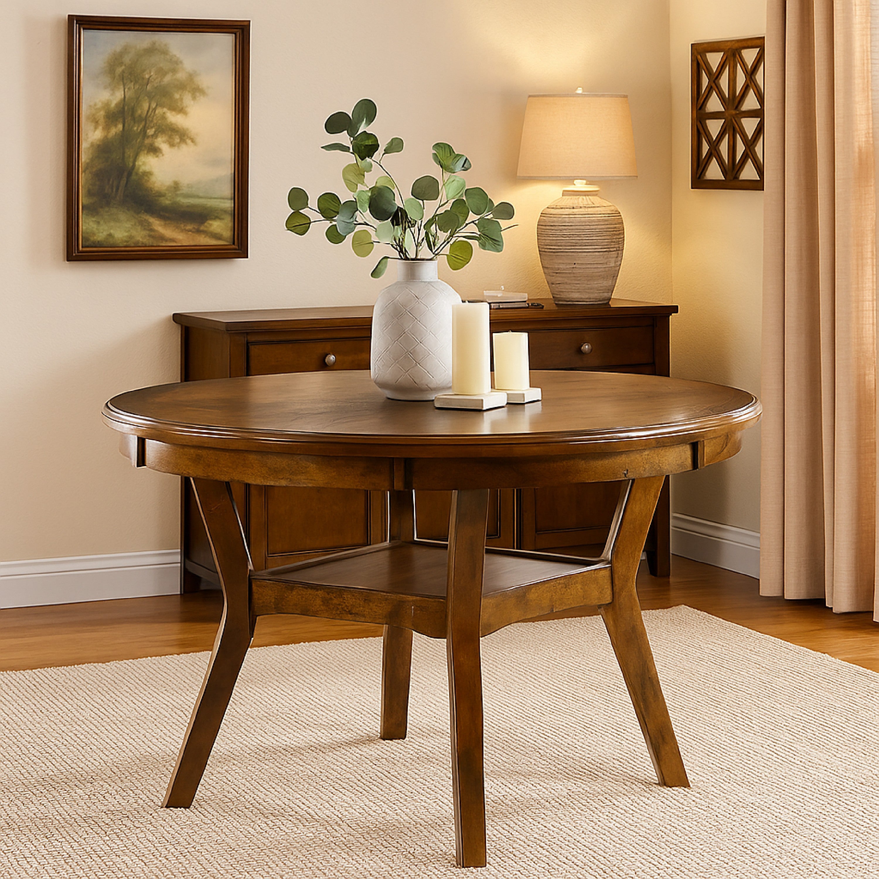 Benjara Round Top Wooden Dining Table with Boomerang Legs, Walnut Brown
