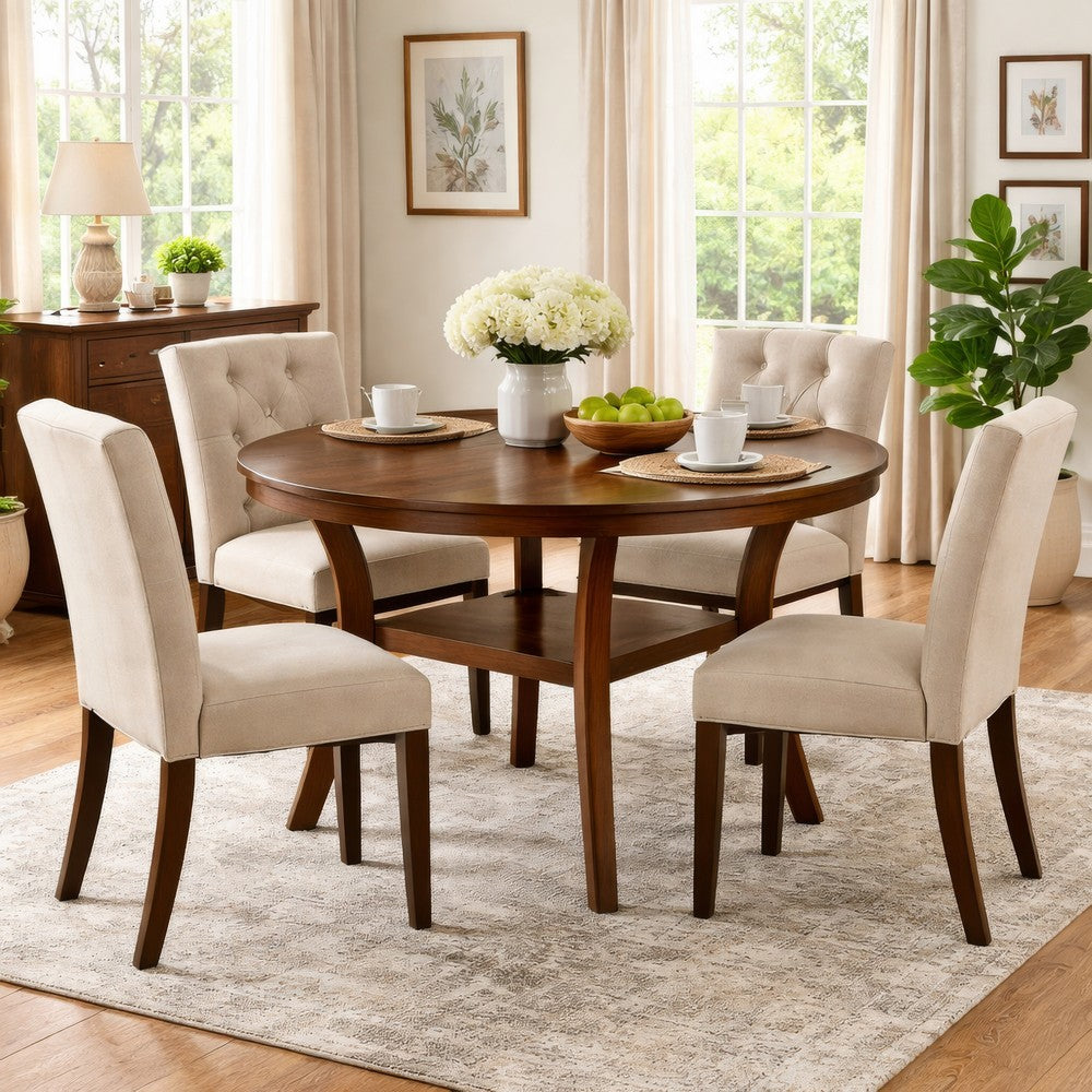 Benjara Round Top Wooden Dining Table with Boomerang Legs, Walnut Brown