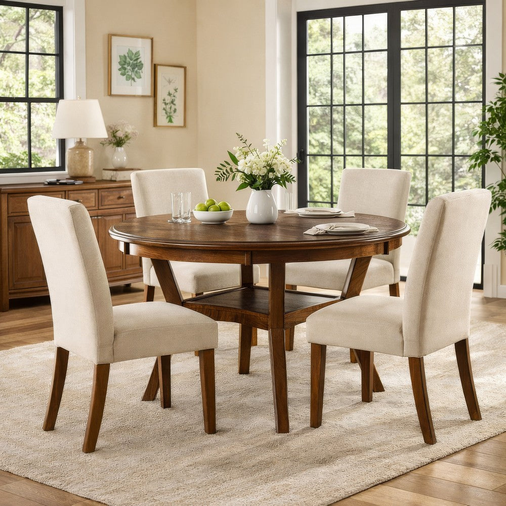 Benjara Round Top Wooden Dining Table with Boomerang Legs, Walnut Brown