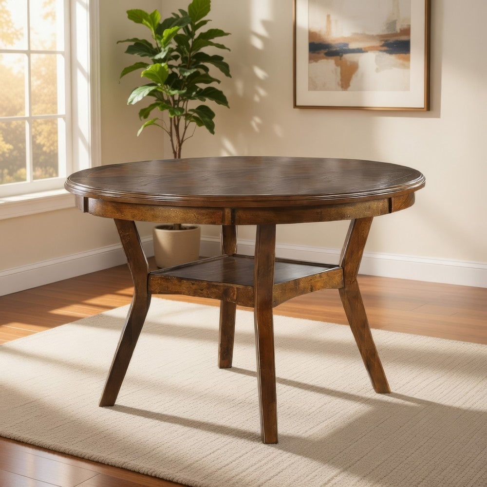 Benjara Round Top Wooden Dining Table with Boomerang Legs, Walnut Brown