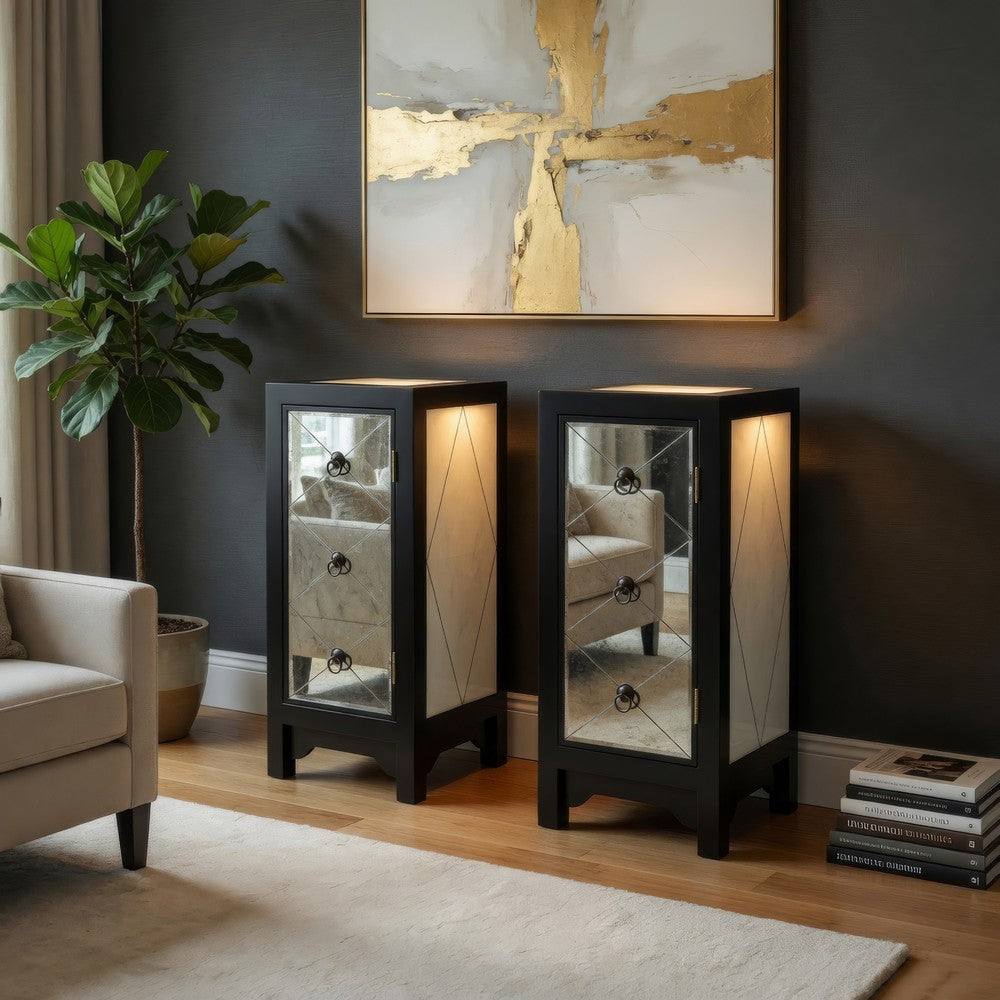 Benjara 34 Inch Wood And Mirror Storage Chest with 1 Door, Black