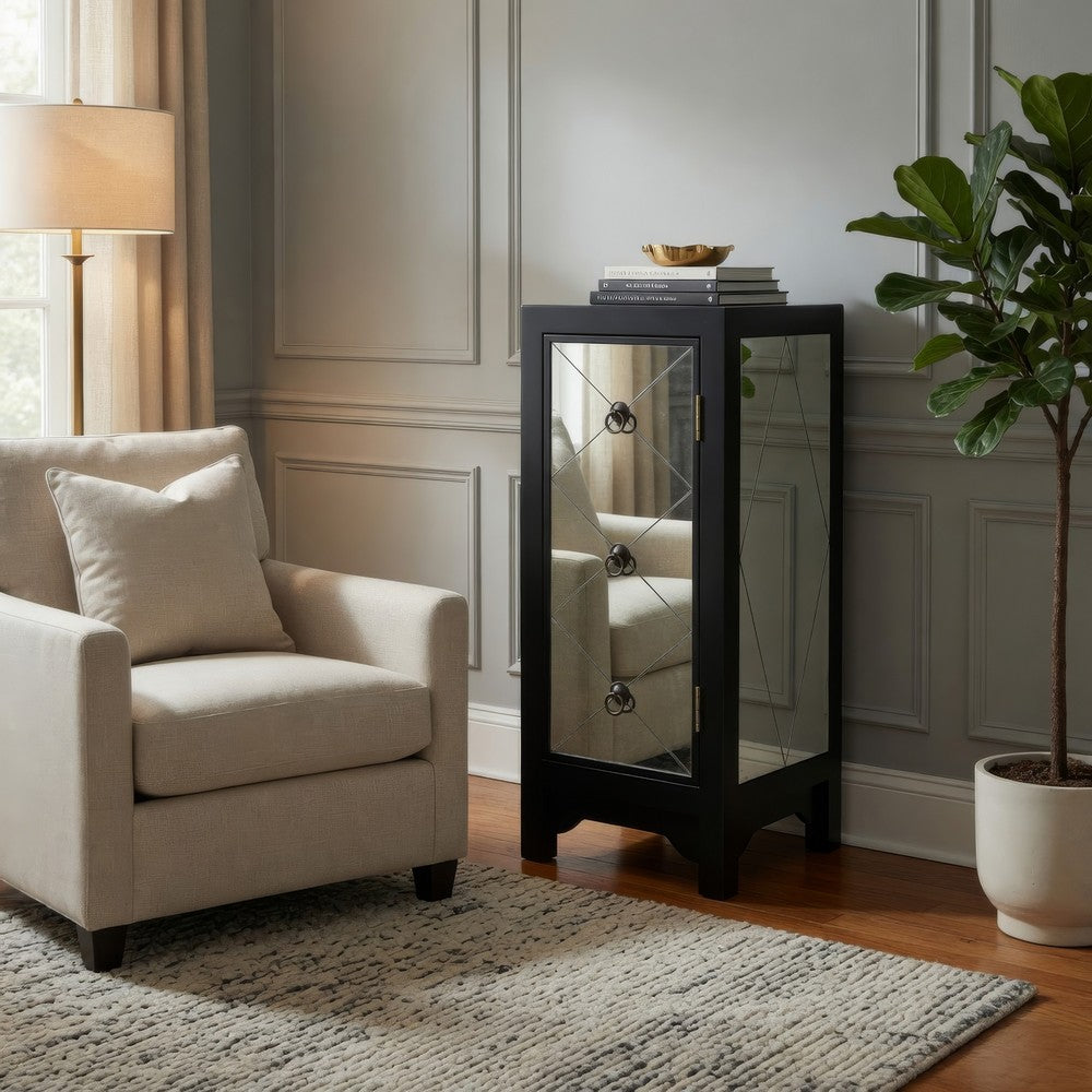 Benjara 34 Inch Wood And Mirror Storage Chest with 1 Door, Black