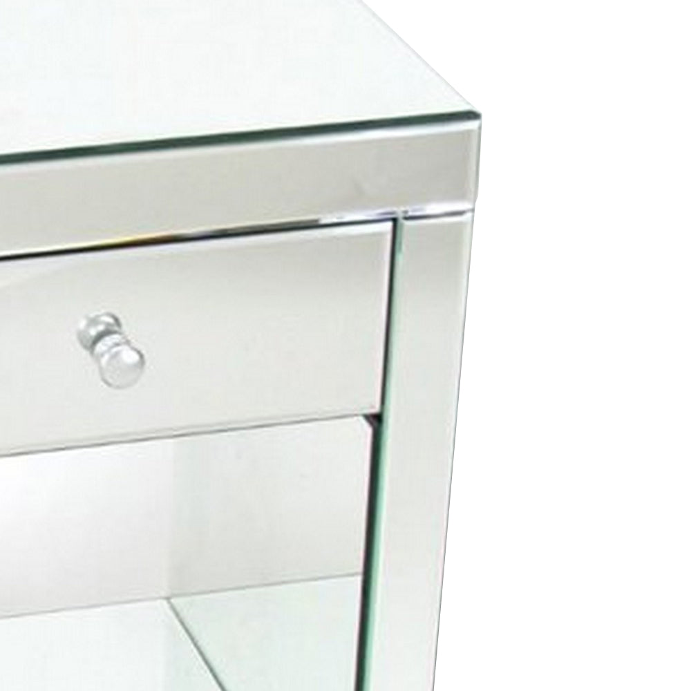 Benjara 26 Inch Beveled Mirror Chest with 1 Drawer, Silver