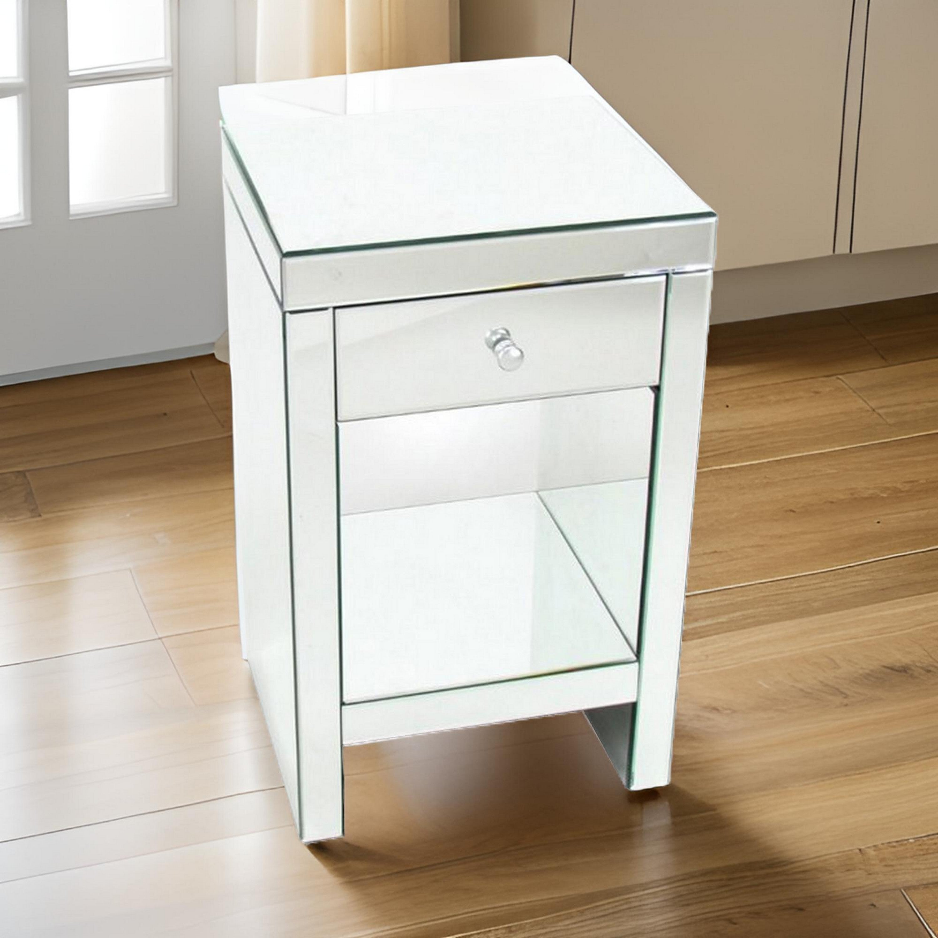 Benjara 26 Inch Beveled Mirror Chest with 1 Drawer, Silver