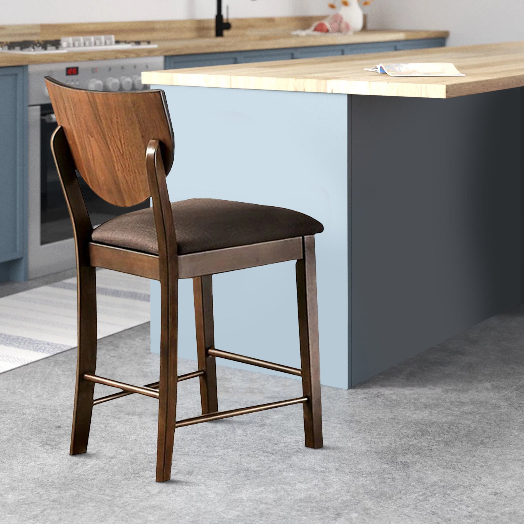 Benjara Fabric Counter Height Chair with Sloped Open Back,Set of 2, Walnut Brown