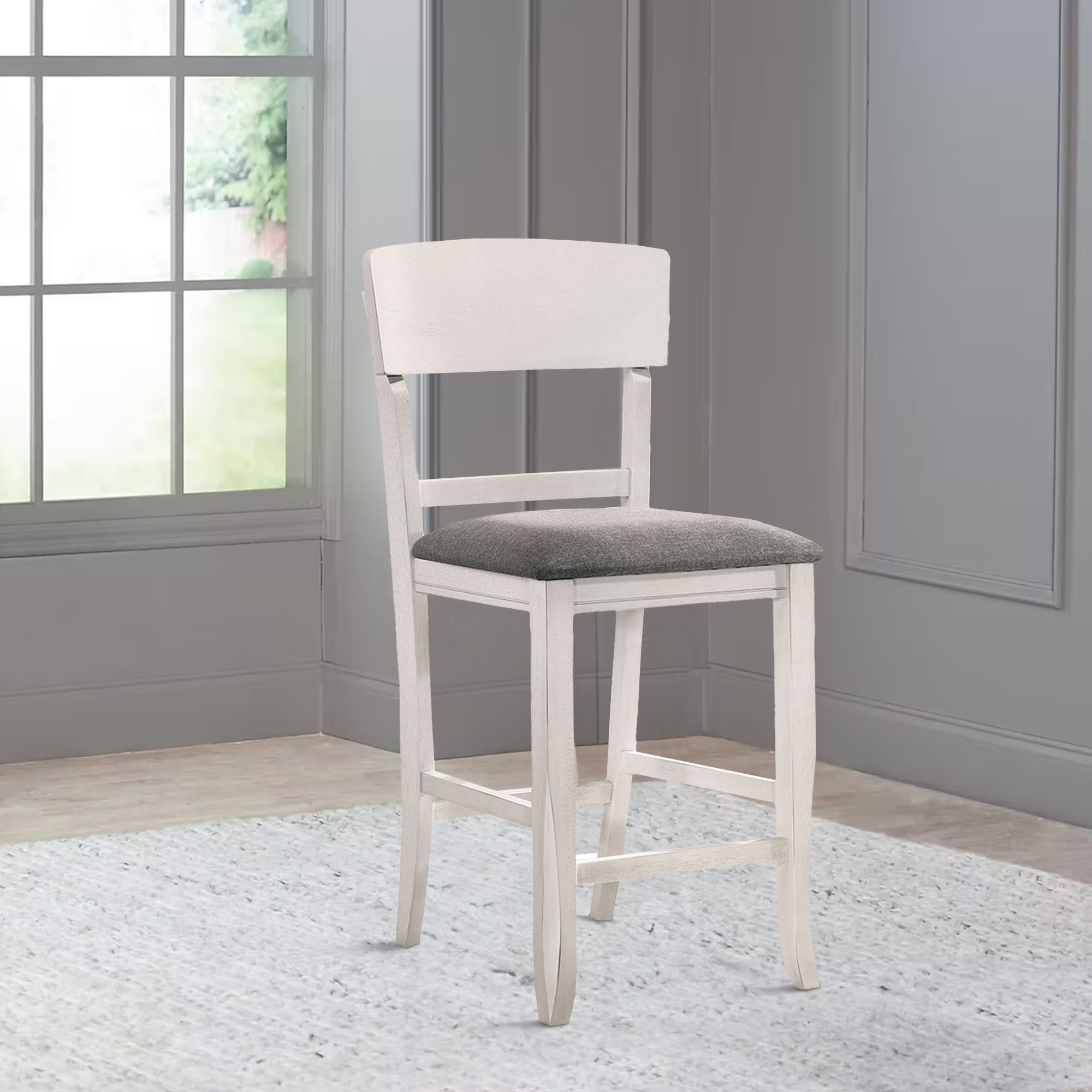 Benjara Wooden Counter Height Chair with Curved Back, Set of 2, White And Gray