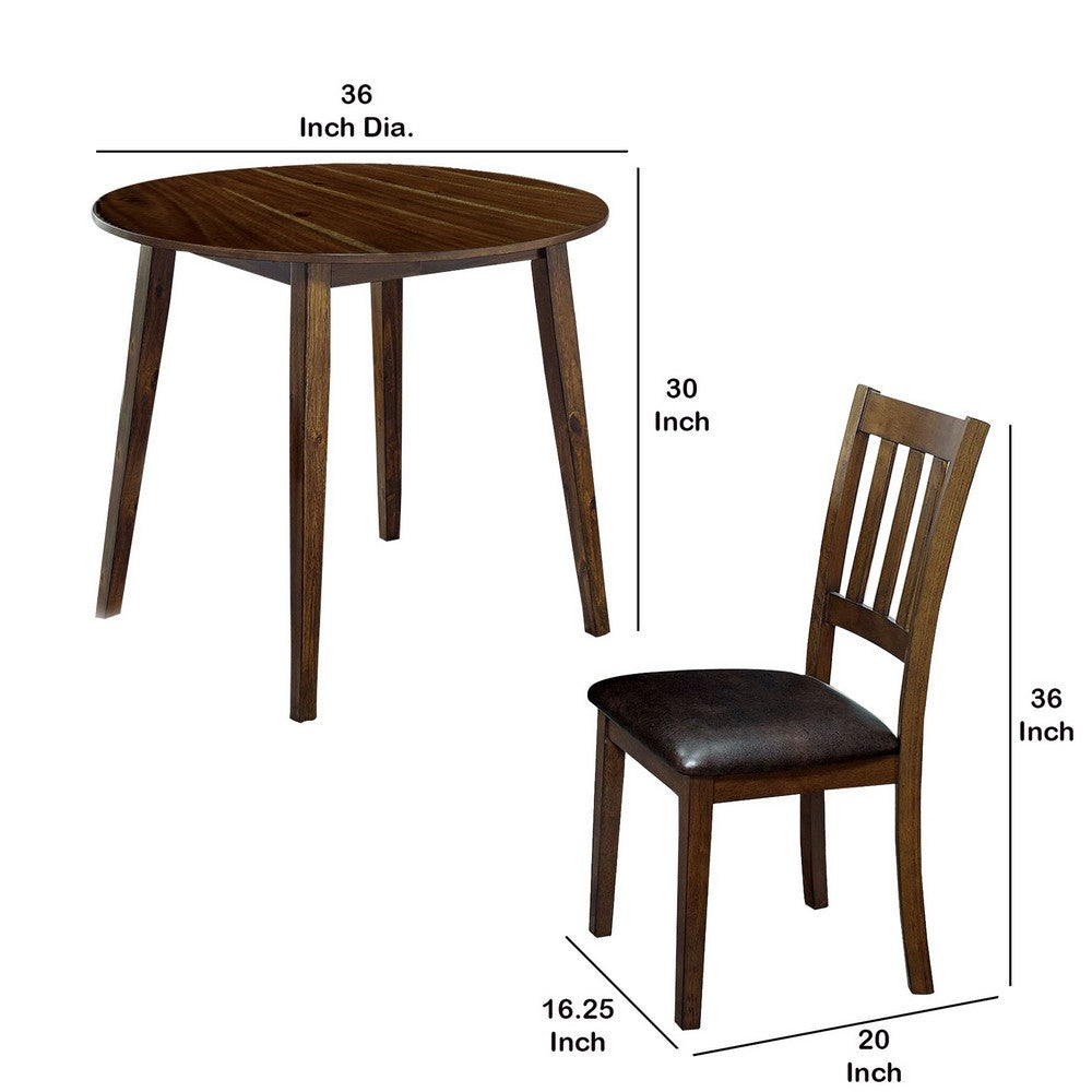 Benjara 3 Piece Round Dining Table And Leatherette Chair Set, Brown
