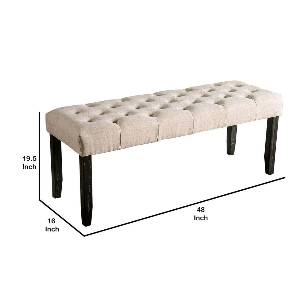 Benjara 20 Inch Button Tufted Wooden Bench, Antique Black And Beige