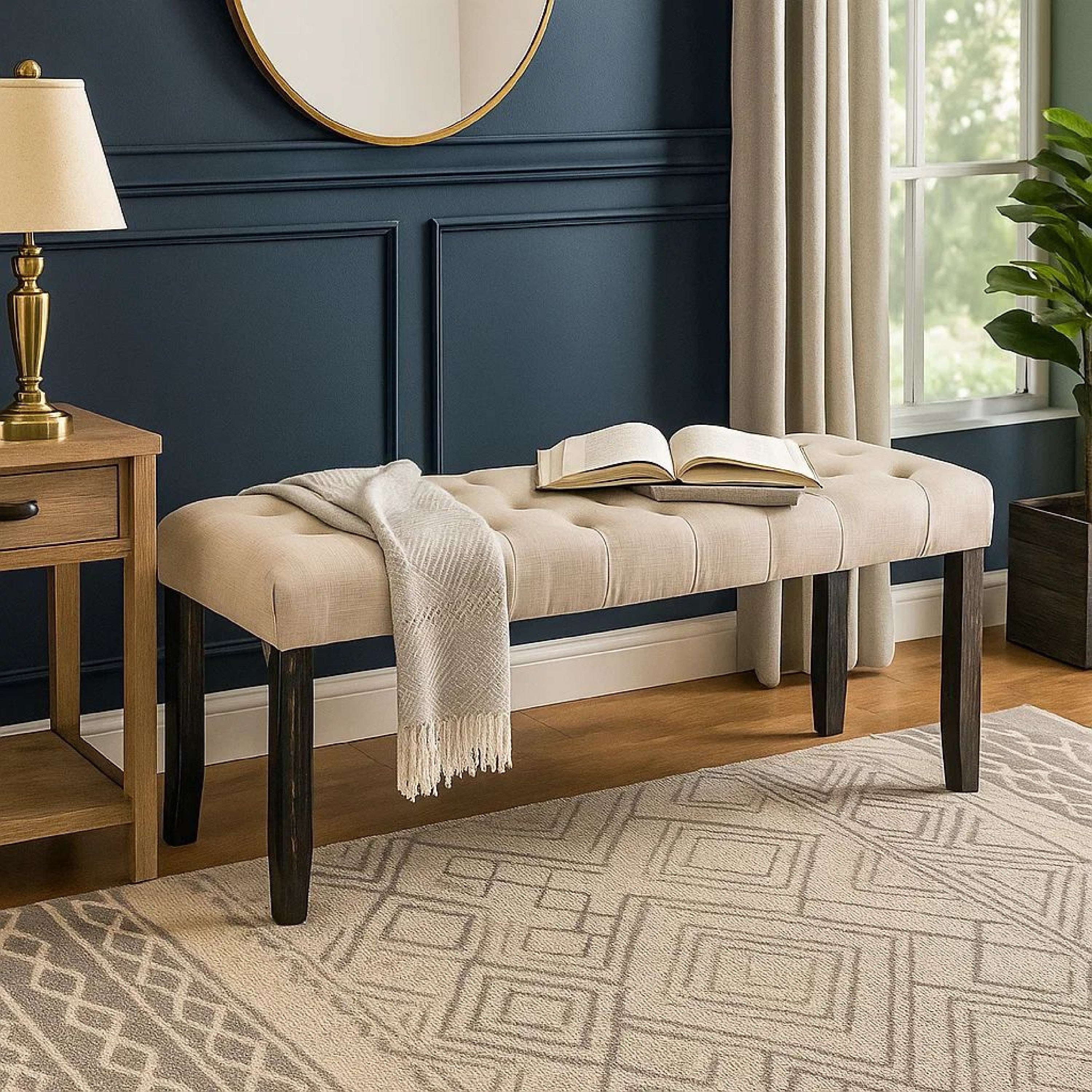Benjara 20 Inch Button Tufted Wooden Bench, Antique Black And Beige