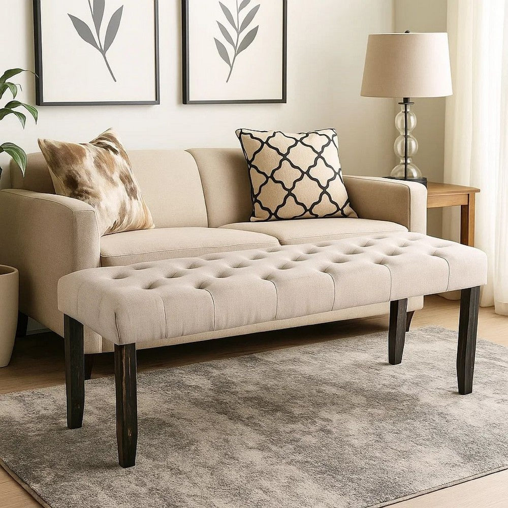 Benjara 20 Inch Button Tufted Wooden Bench, Antique Black And Beige