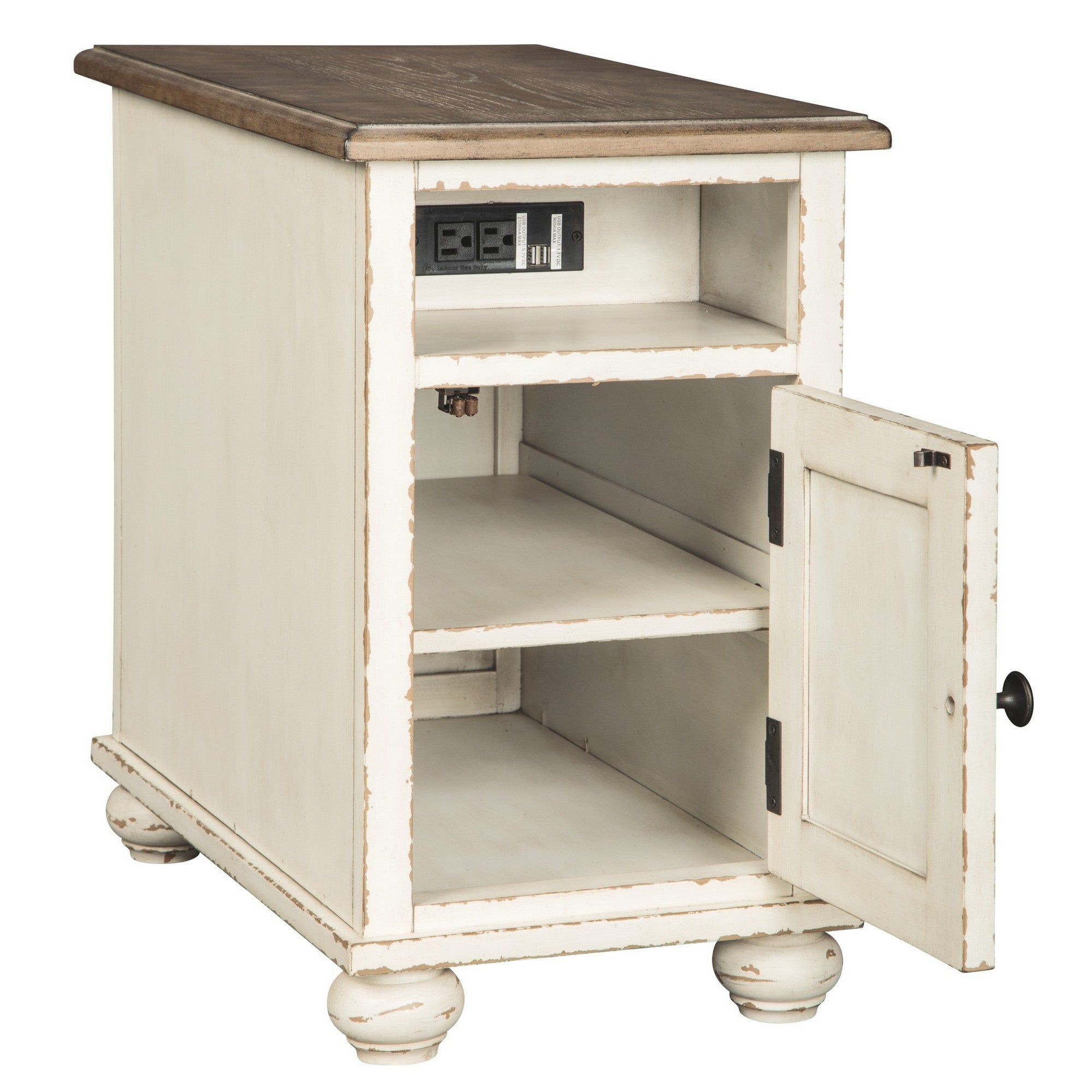 Benjara Wooden Chairside End Table with Door, Brown And Antique White