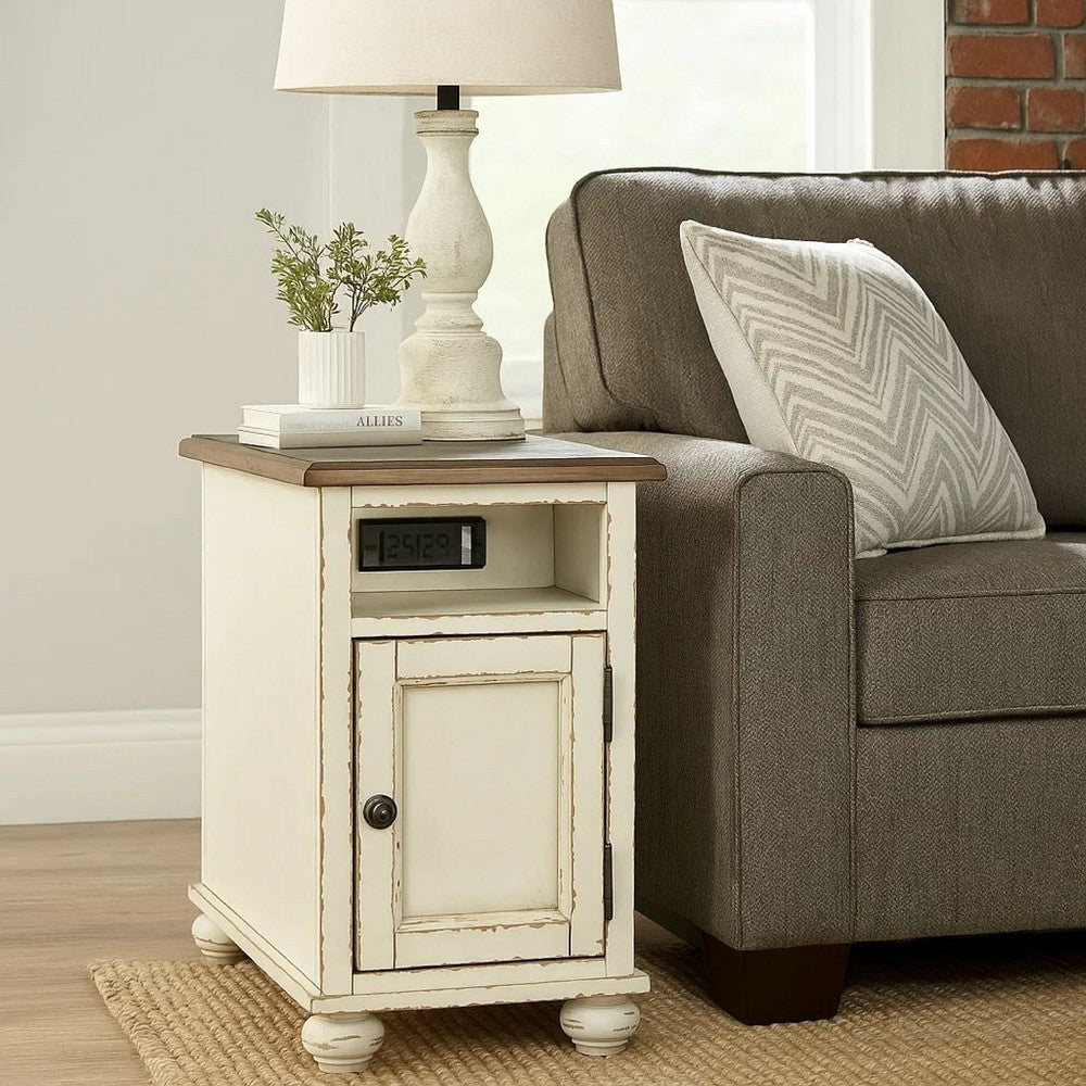 Benjara Wooden Chairside End Table with Door, Brown And Antique White
