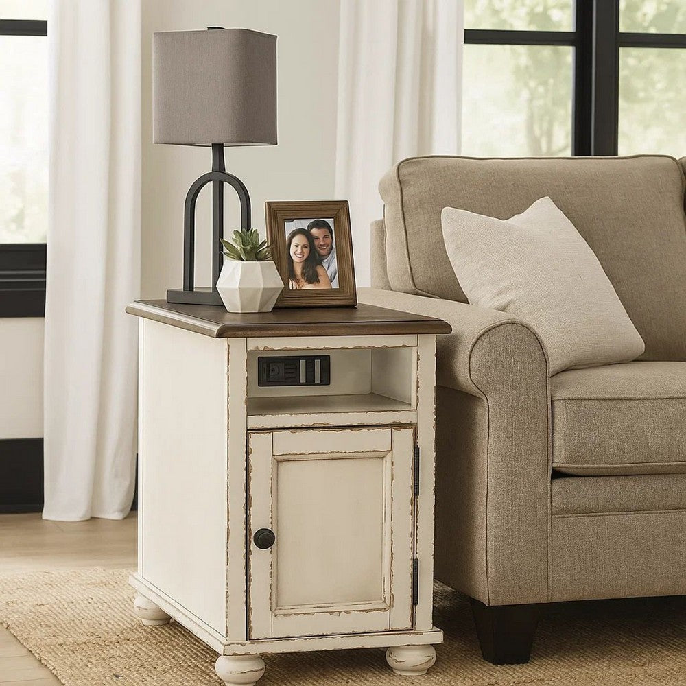 Benjara Wooden Chairside End Table with Door, Brown And Antique White