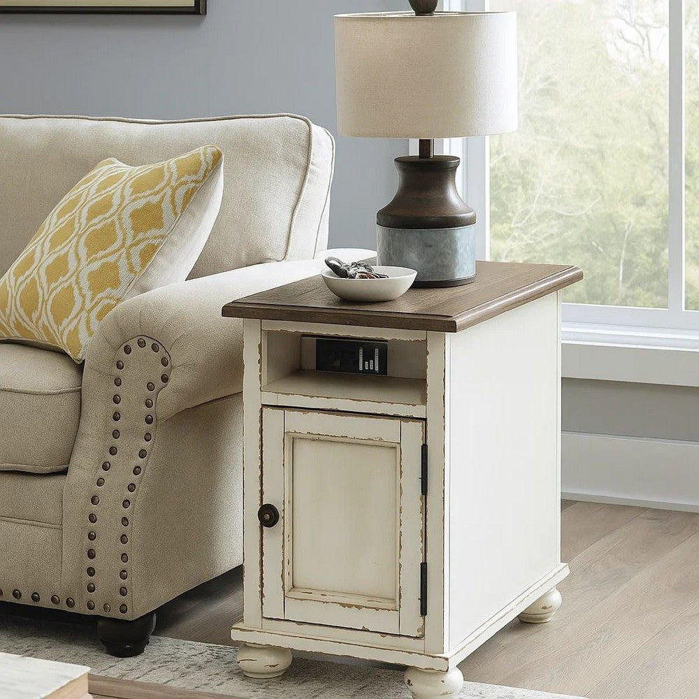 Benjara Wooden Chairside End Table with Door, Brown And Antique White