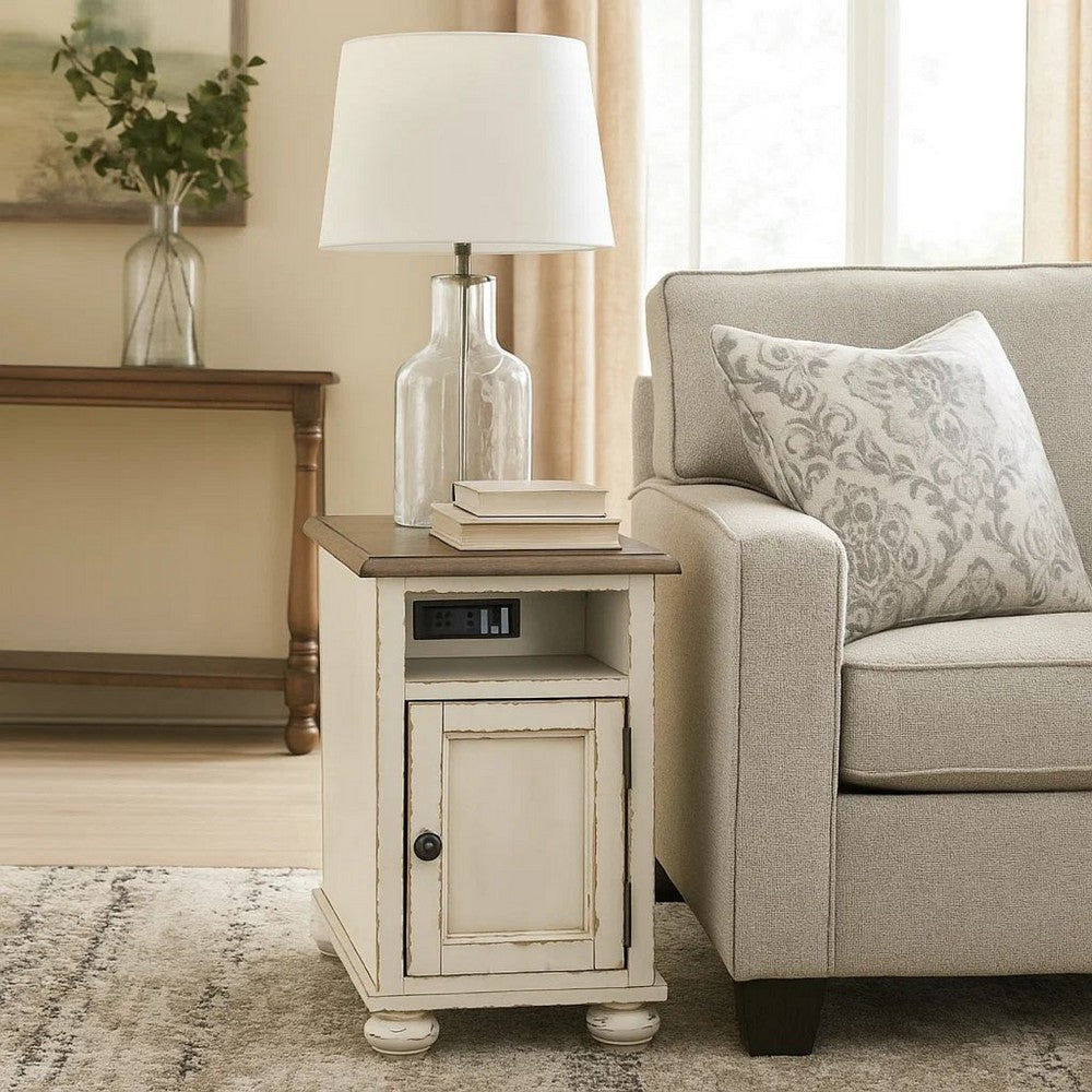 Benjara Wooden Chairside End Table with Door, Brown And Antique White