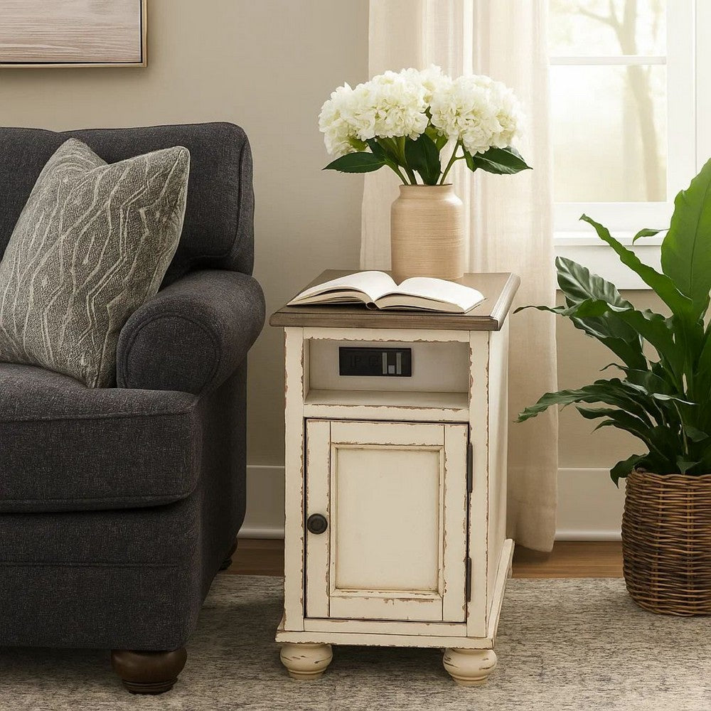 Benjara Wooden Chairside End Table with Door, Brown And Antique White