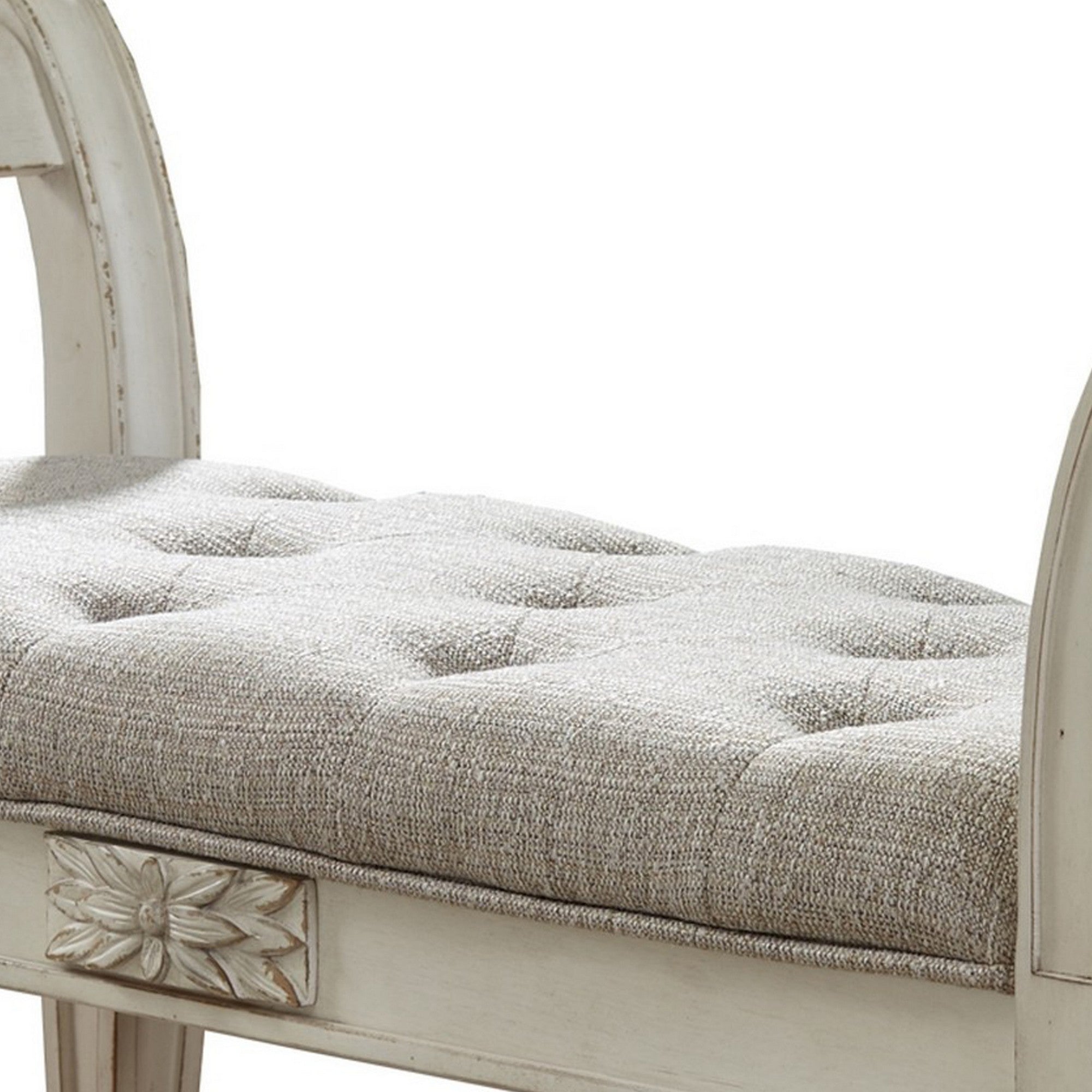 Benjara 46 Inches Tufted Fabric Padded Wooden Accent Bench, Antique White