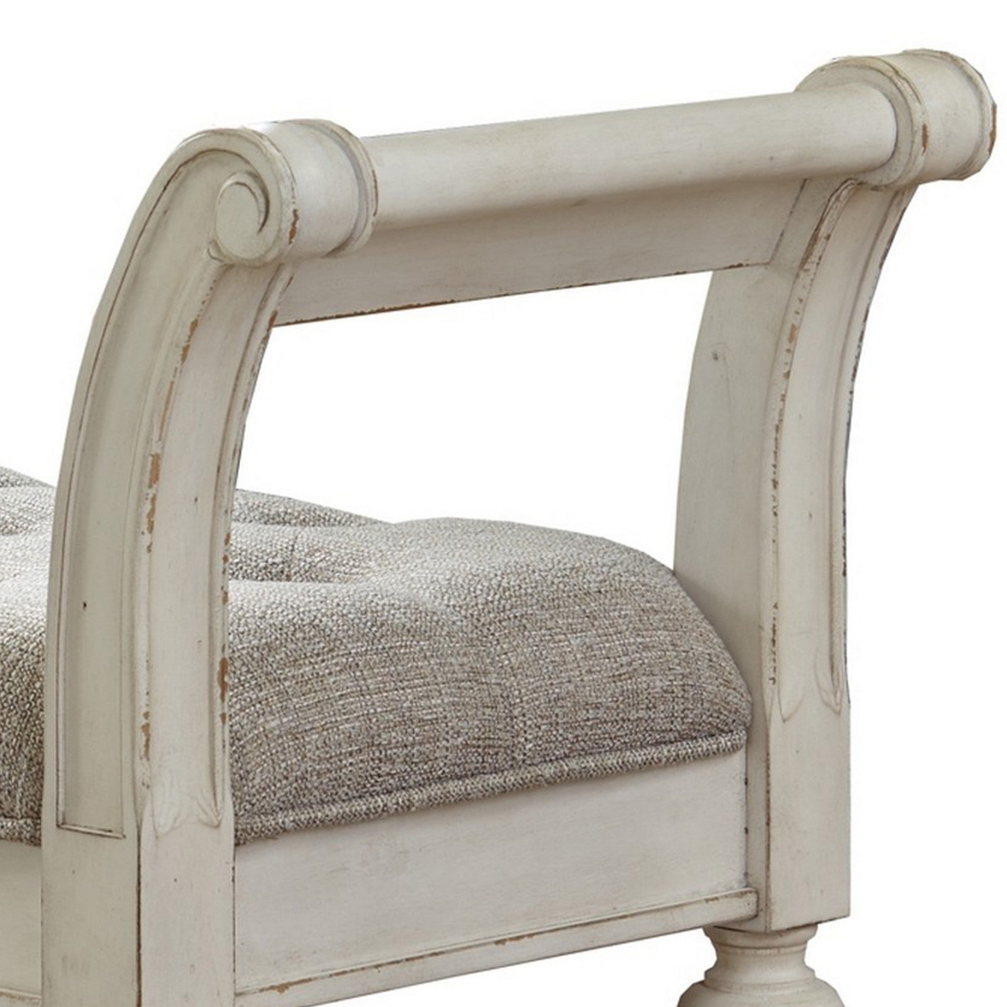 Benjara 46 Inches Tufted Fabric Padded Wooden Accent Bench, Antique White
