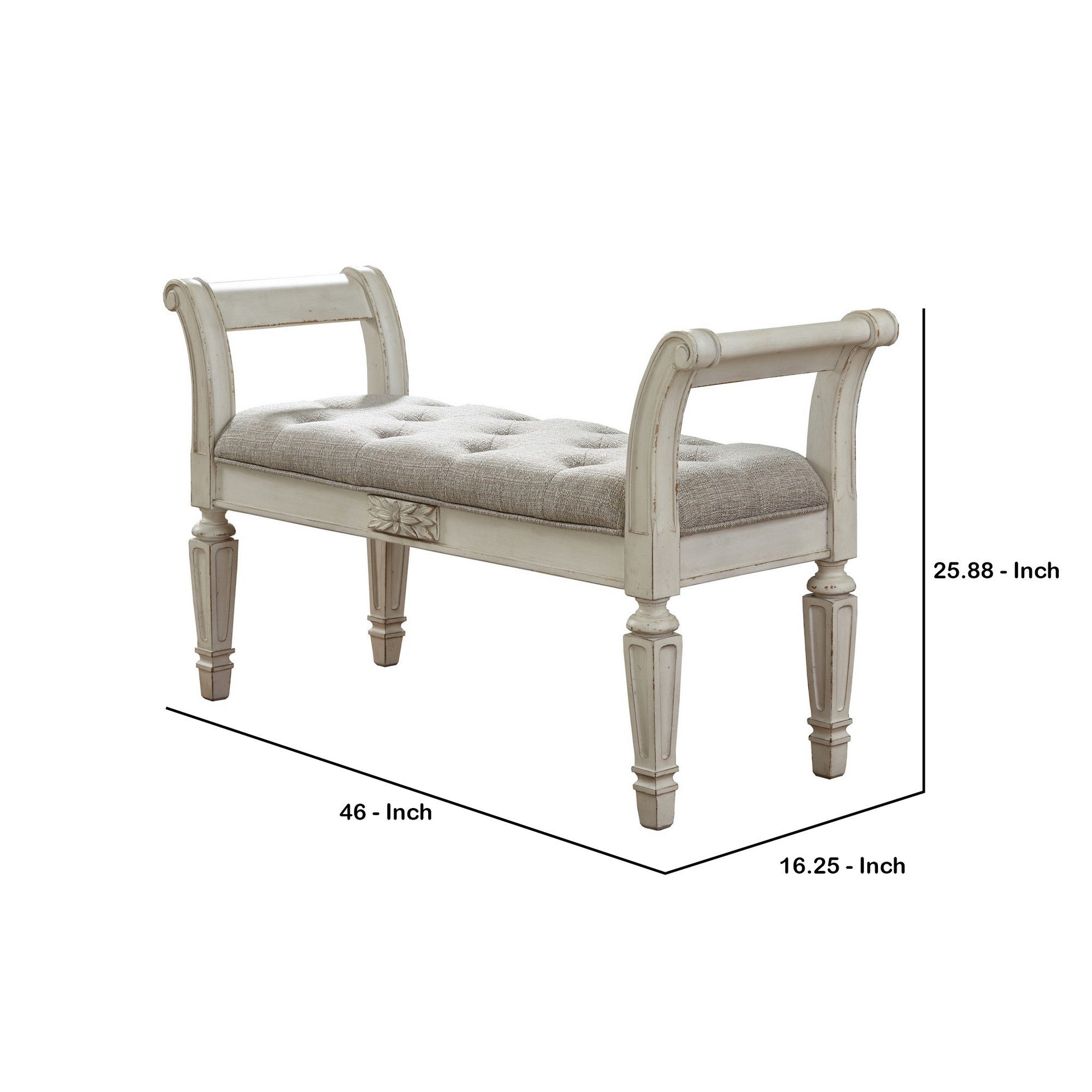 Benjara 46 Inches Tufted Fabric Padded Wooden Accent Bench, Antique White