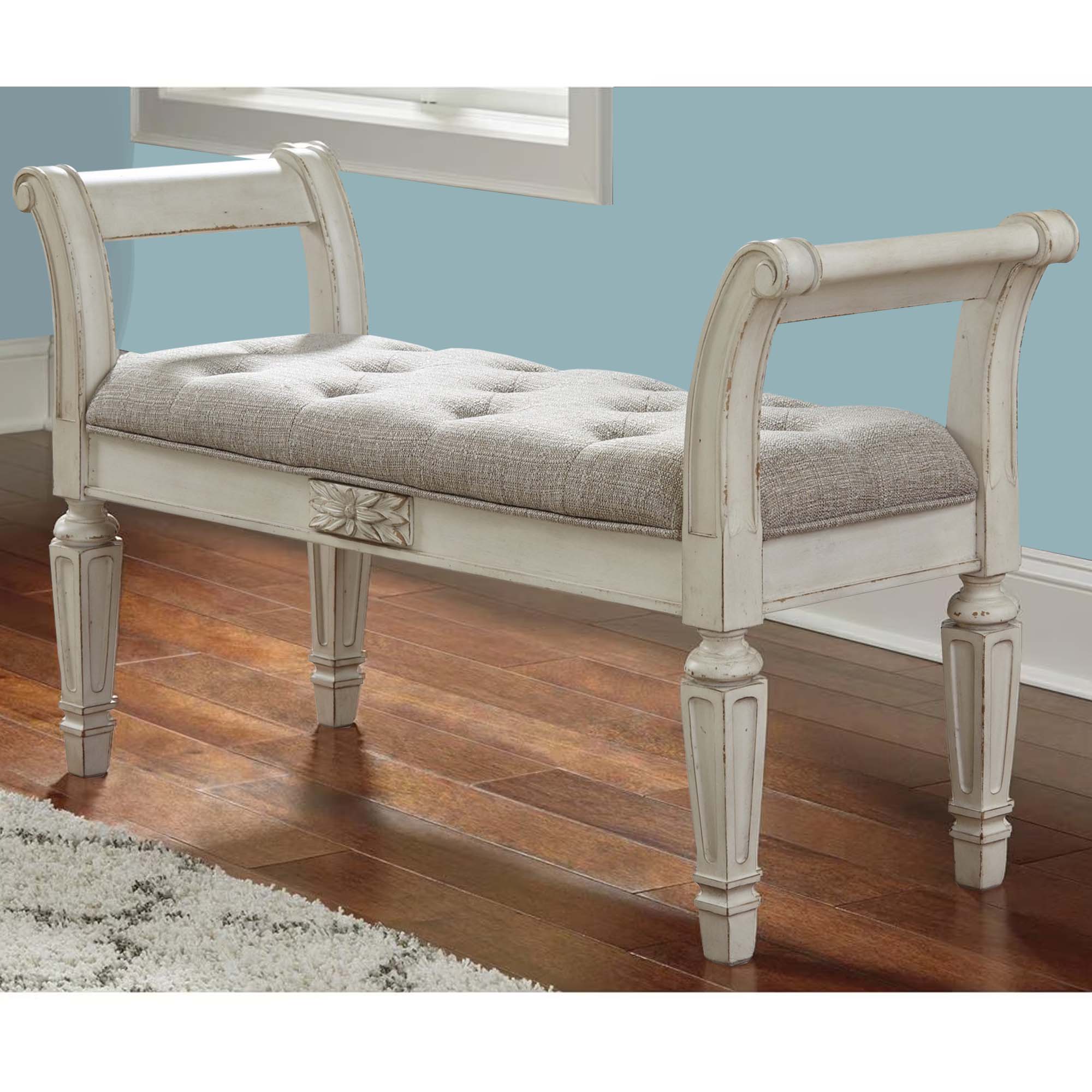 Benjara 46 Inches Tufted Fabric Padded Wooden Accent Bench, Antique White