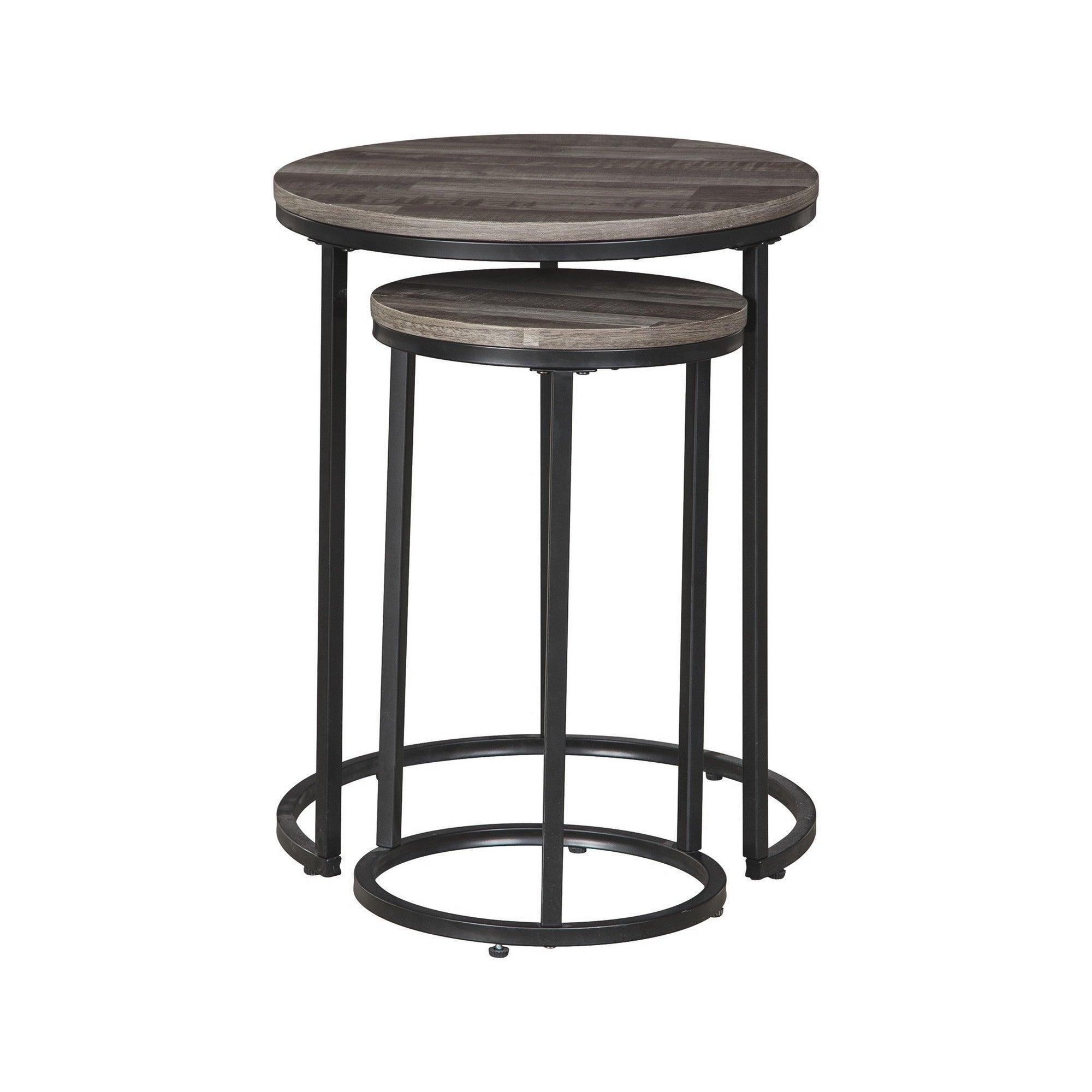 Benjara Round Wooden Top Metal Accent Table, Set of 2, Gray And Black
