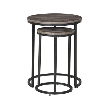 Benjara Round Wooden Top Metal Accent Table, Set of 2, Gray And Black