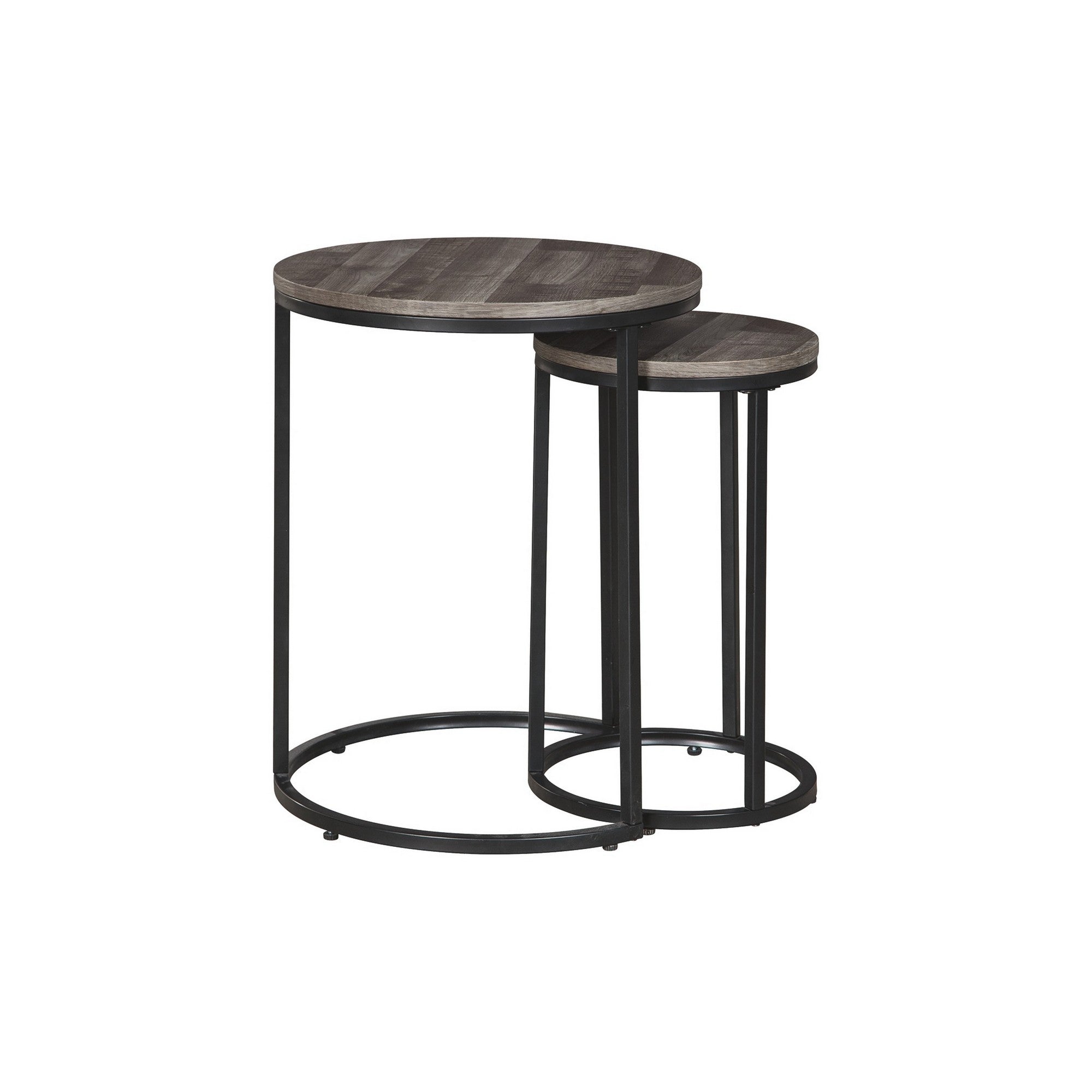 Benjara Round Wooden Top Metal Accent Table, Set of 2, Gray And Black