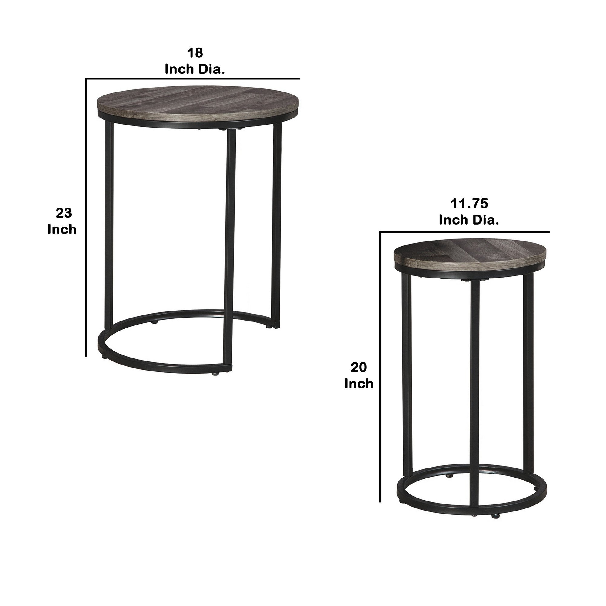 Benjara Round Wooden Top Metal Accent Table, Set of 2, Gray And Black