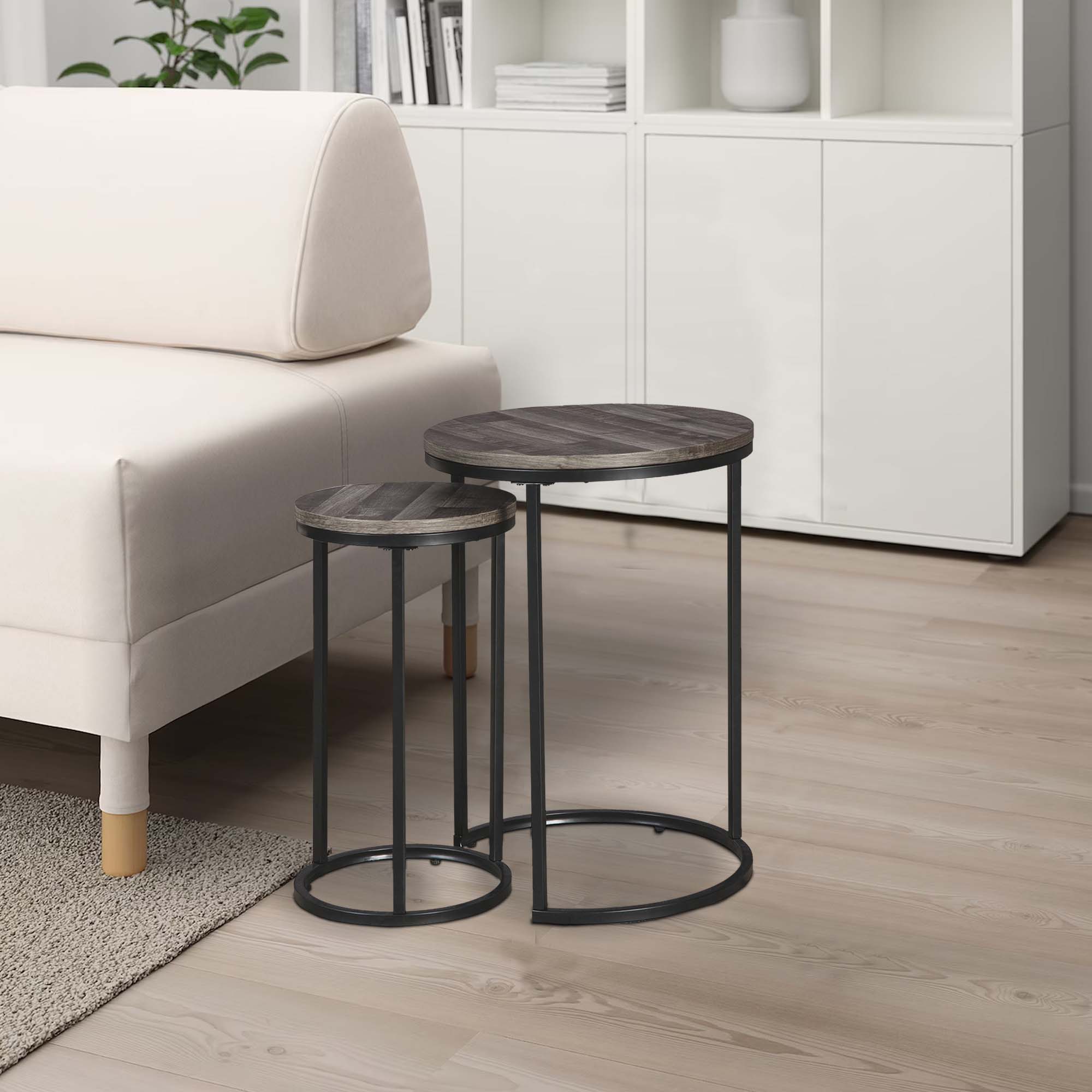 Benjara Round Wooden Top Metal Accent Table, Set of 2, Gray And Black