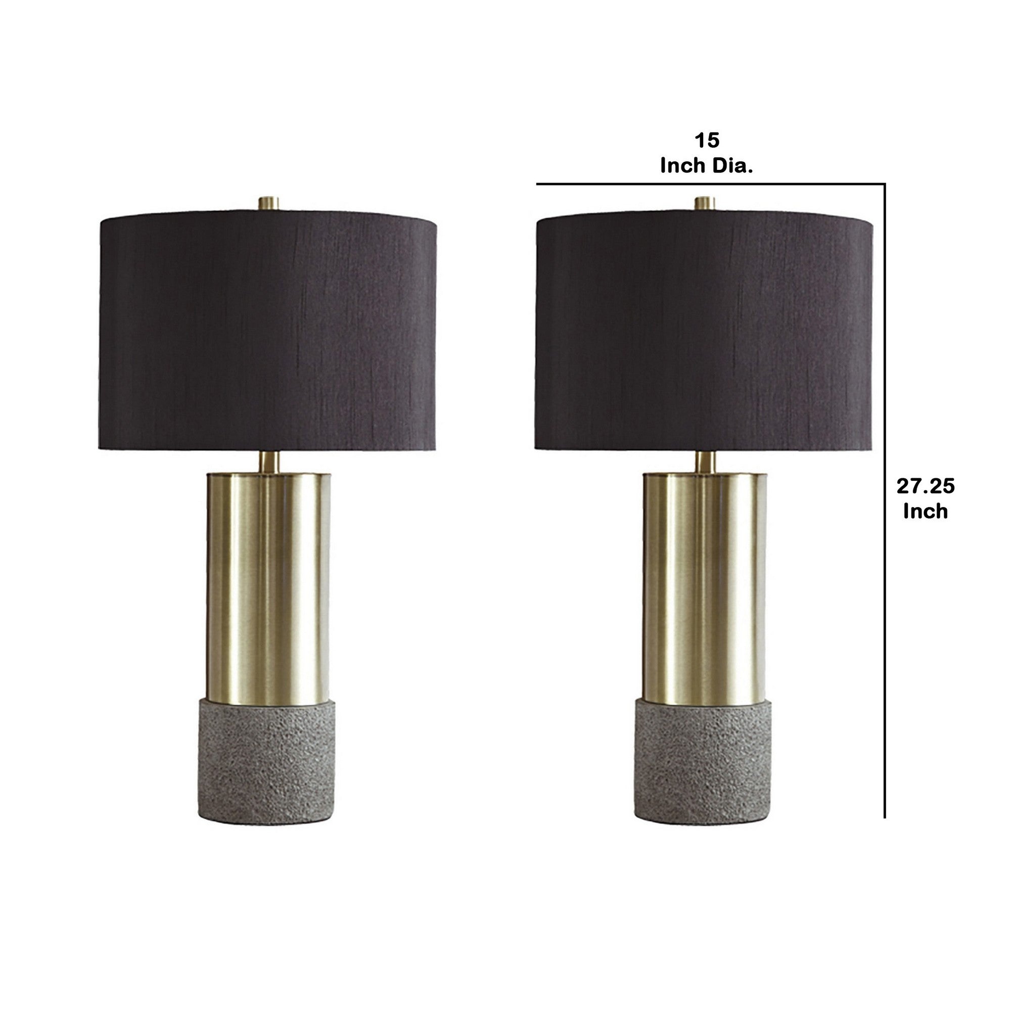 Benjara Faux Concrete And Metal Base Table Lamp, Set of 2, Brass And Gray