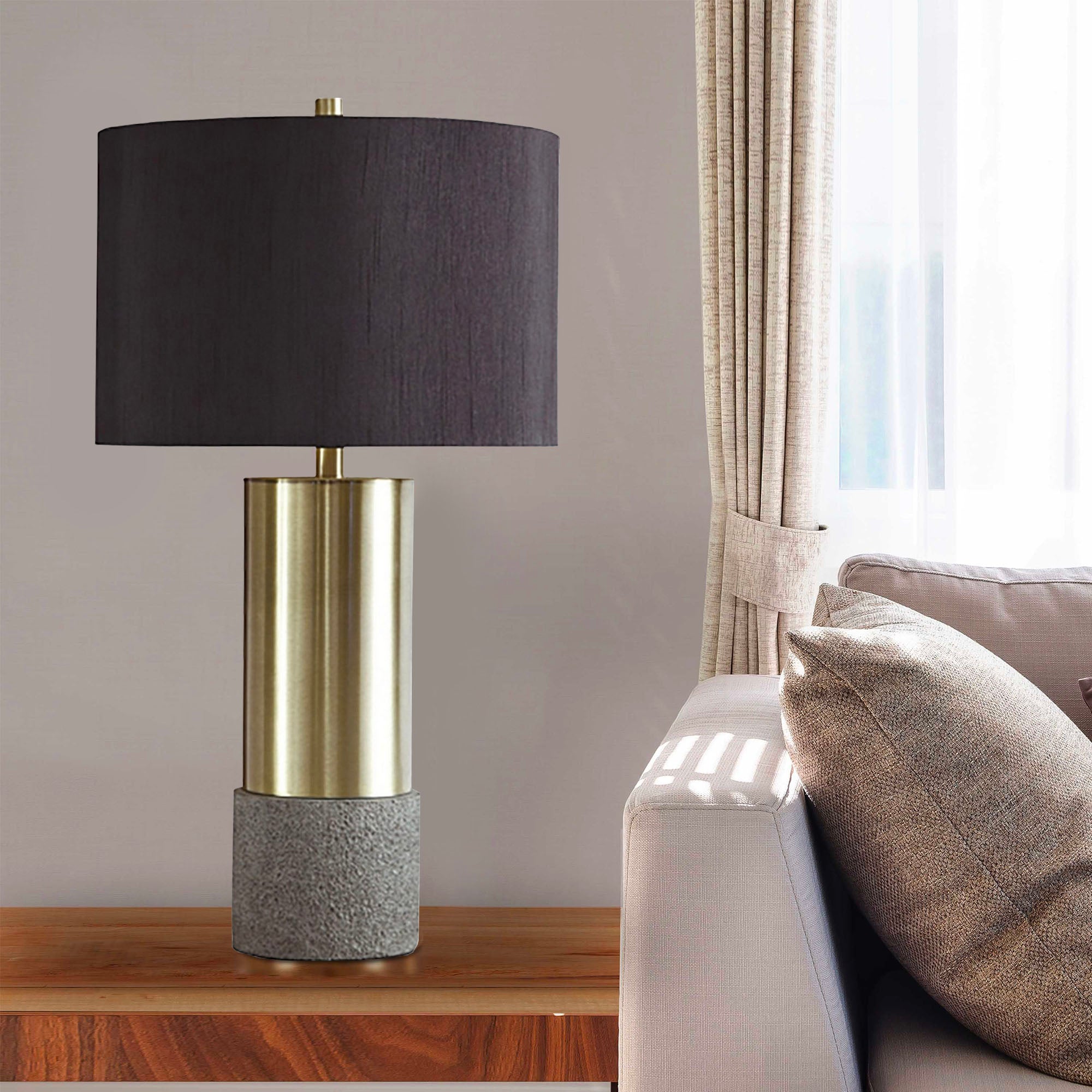 Benjara Faux Concrete And Metal Base Table Lamp, Set of 2, Brass And Gray
