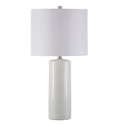 Benjara Carved Ceramic Base Table Lamp with Drum Shade, Set of 2, White