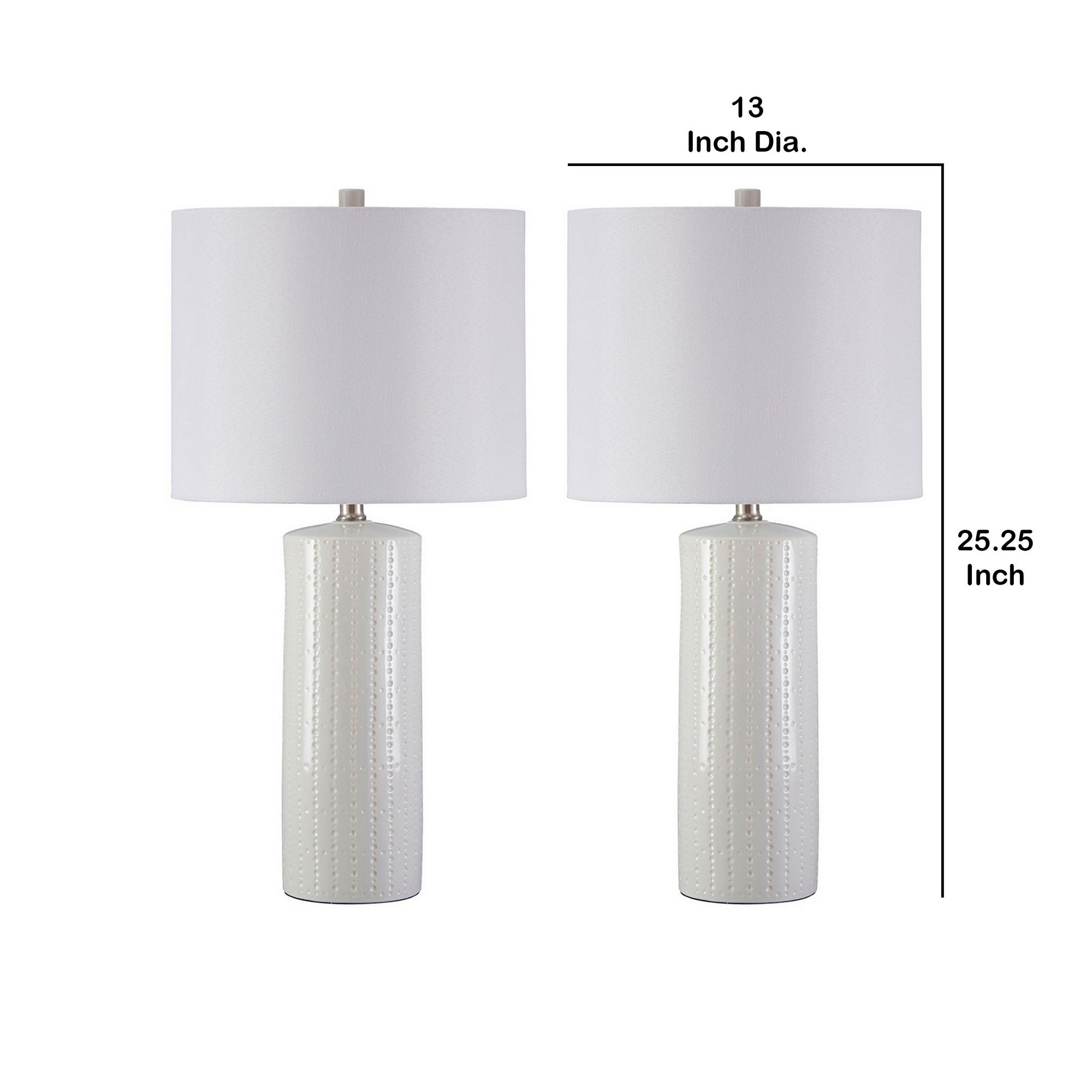 Benjara Carved Ceramic Base Table Lamp with Drum Shade, Set of 2, White