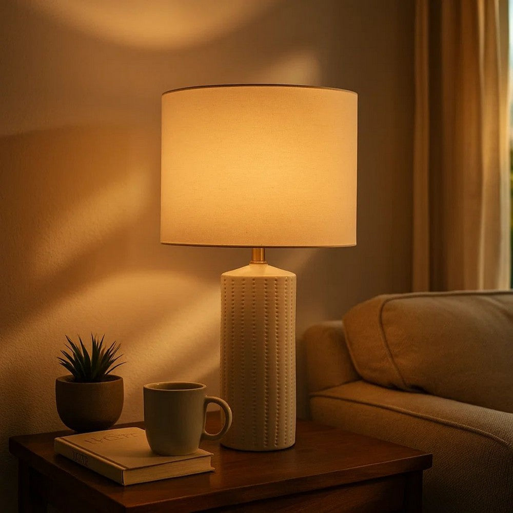 Benjara Carved Ceramic Base Table Lamp with Drum Shade, Set of 2, White