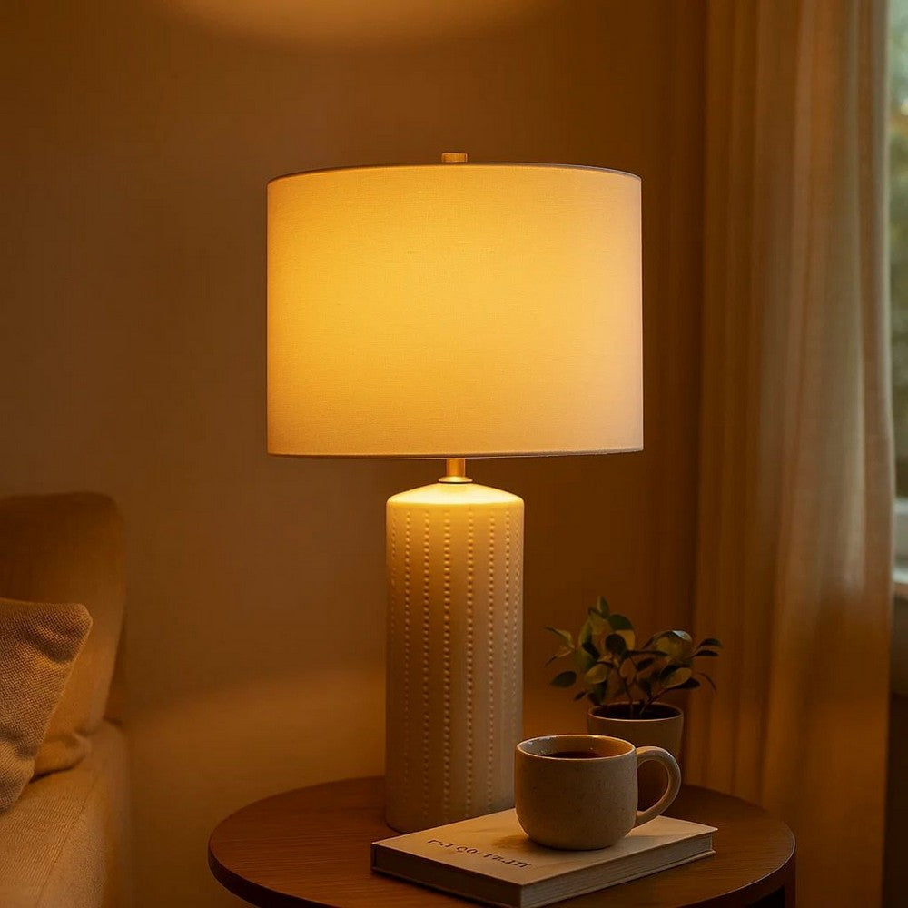Benjara Carved Ceramic Base Table Lamp with Drum Shade, Set of 2, White