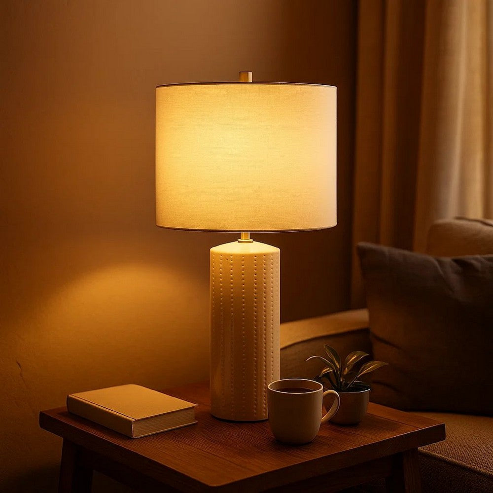 Benjara Carved Ceramic Base Table Lamp with Drum Shade, Set of 2, White