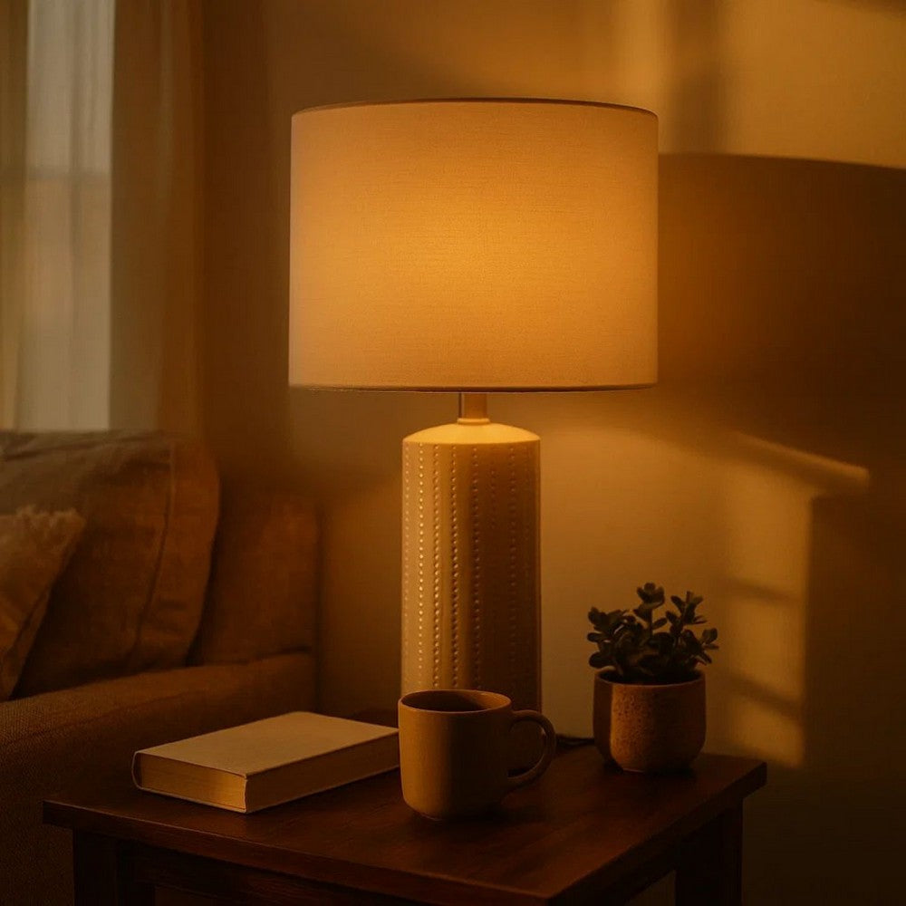 Benjara Carved Ceramic Base Table Lamp with Drum Shade, Set of 2, White