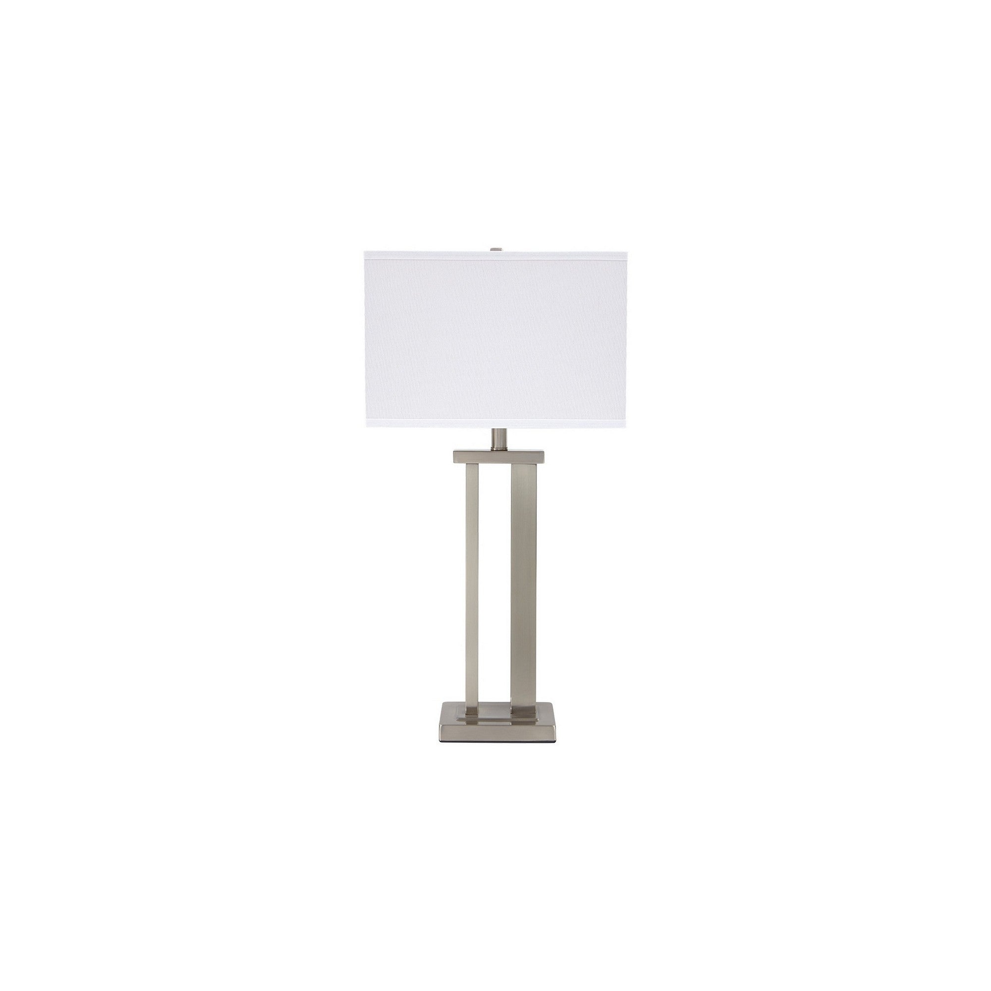 Benjara Metal Frame Table Lamp with Hardback Shade, Set of 2, White And Silver