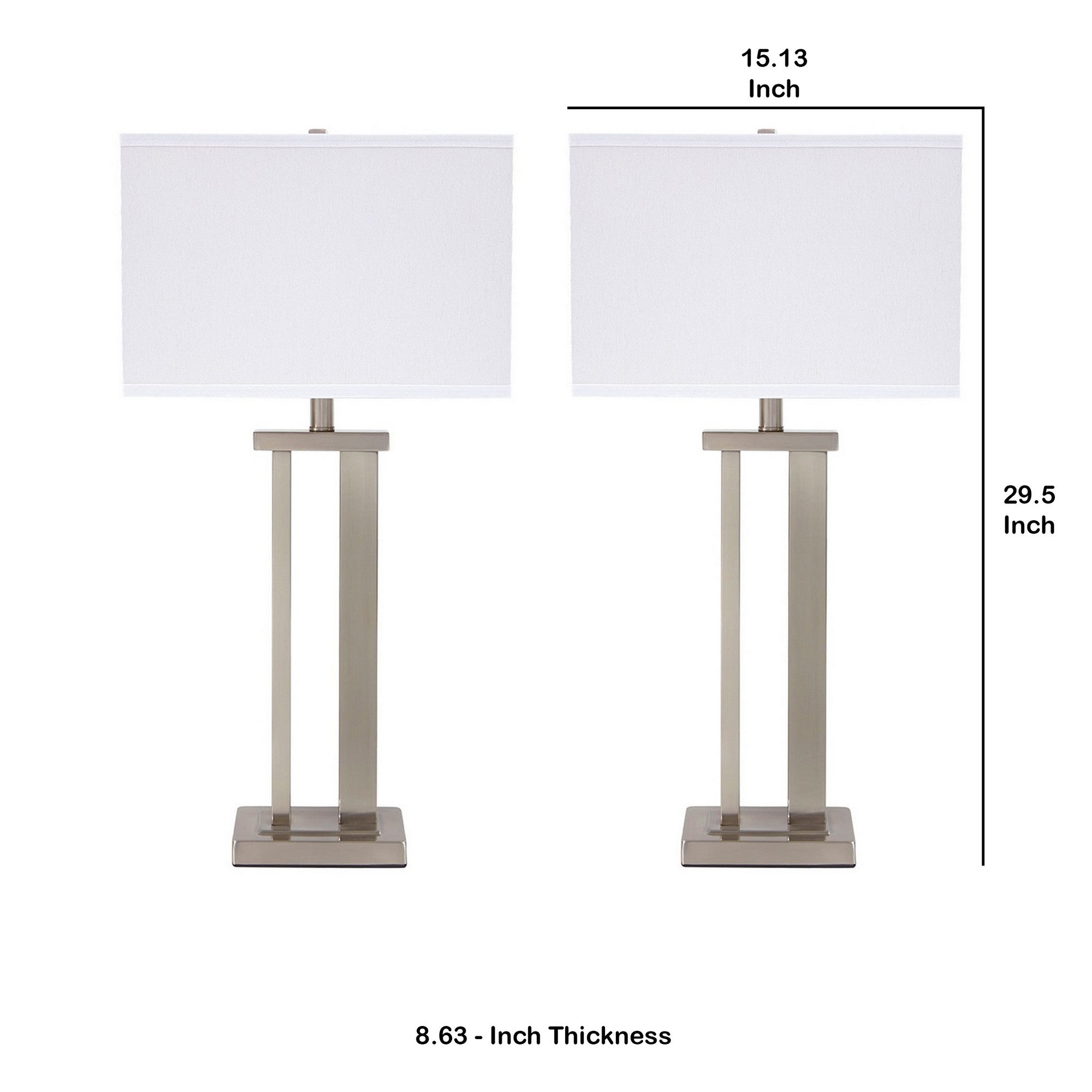 Benjara Metal Frame Table Lamp with Hardback Shade, Set of 2, White And Silver