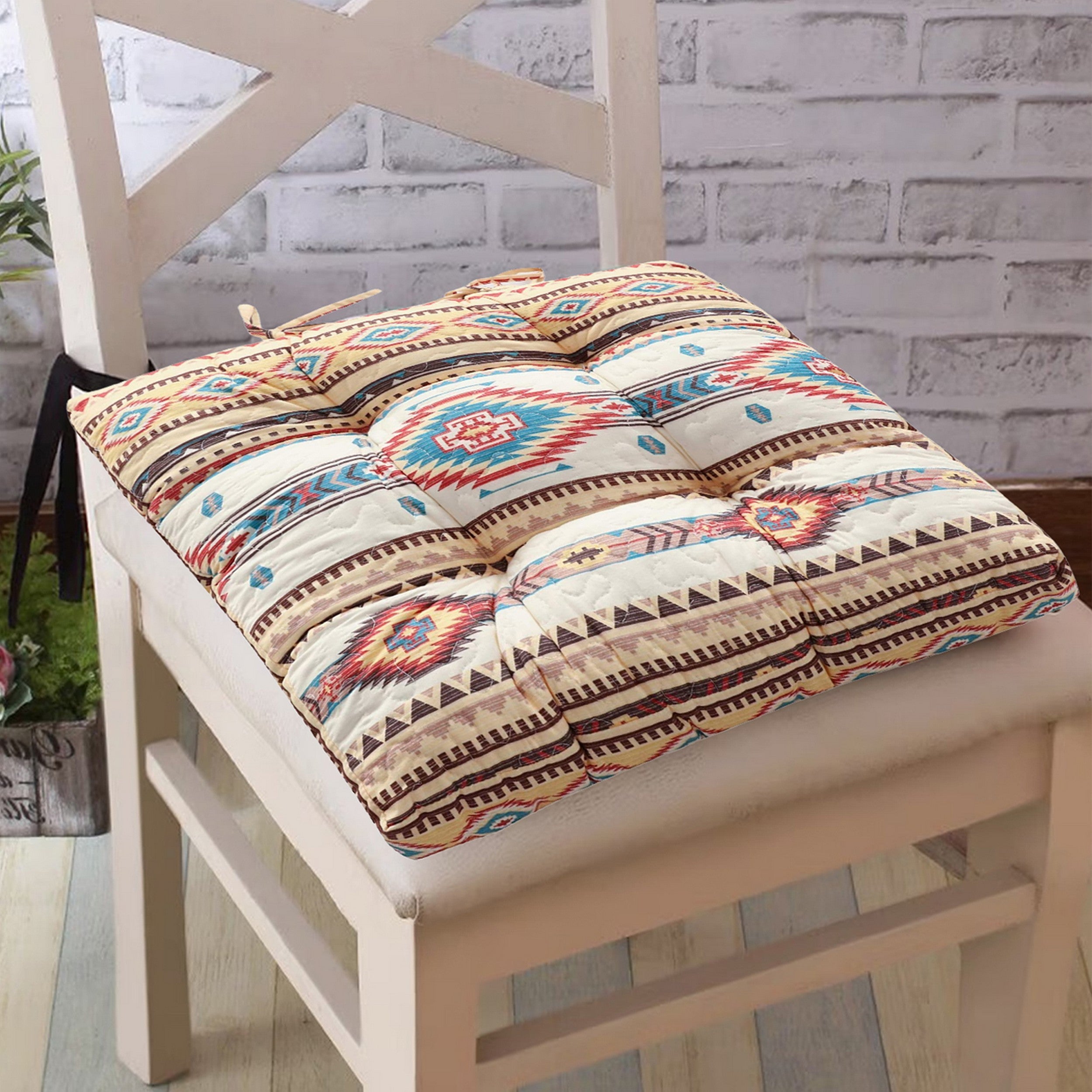 Benjara Tisa Traditional Ikat Pattern Fabric Chair Pad, Multicolor