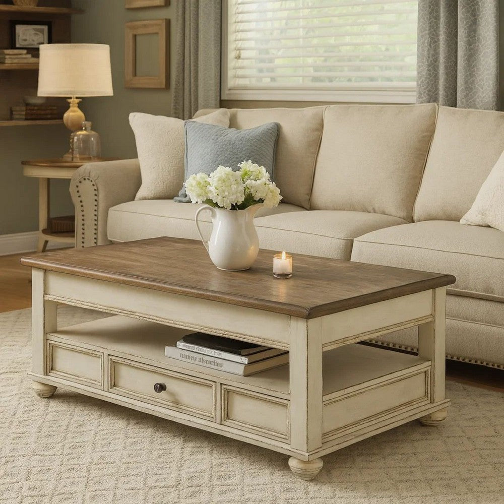 Benjara 18 Inch Lift Top Two Tone Wooden Cocktail Table, White And Brown