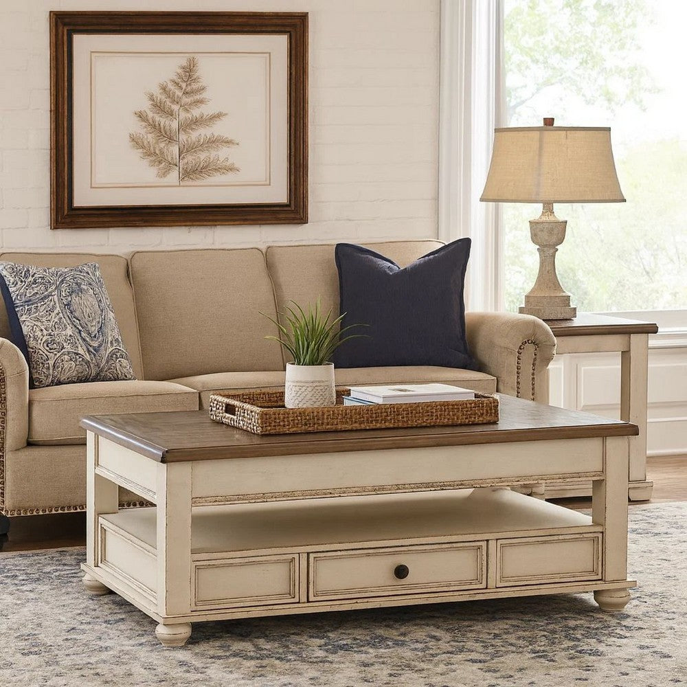 Benjara 18 Inch Lift Top Two Tone Wooden Cocktail Table, White And Brown