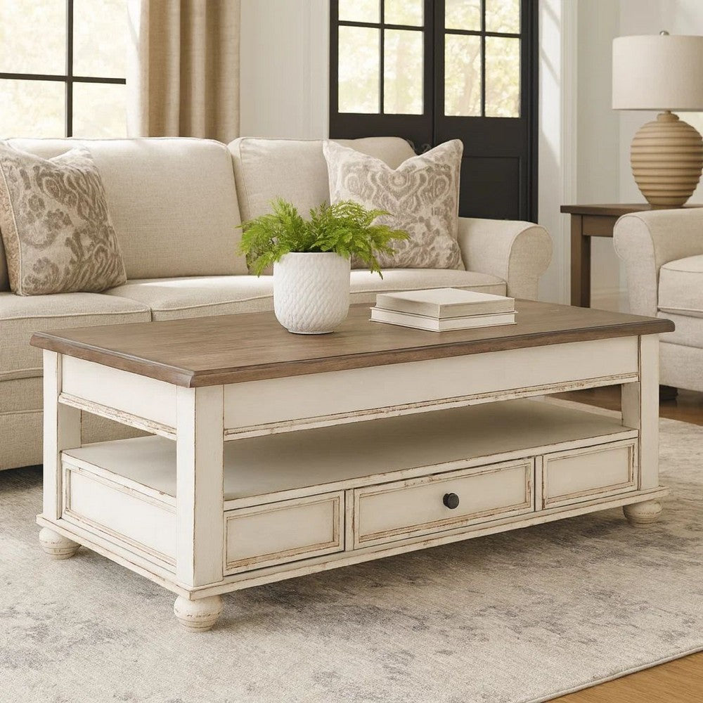 Benjara 18 Inch Lift Top Two Tone Wooden Cocktail Table, White And Brown