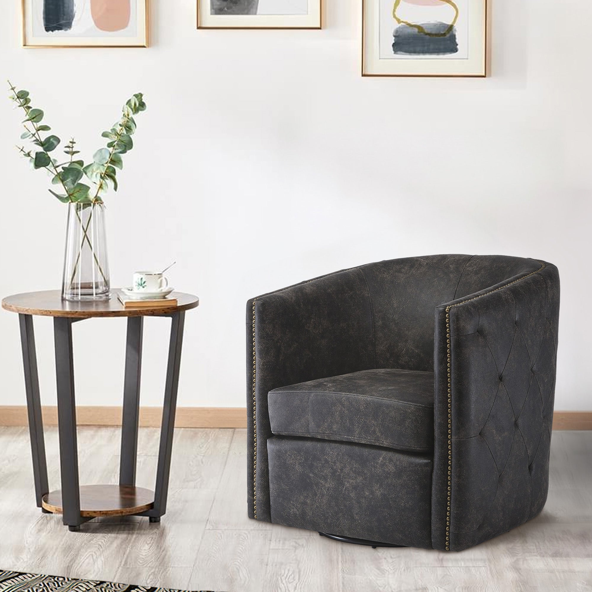 Benjara 31 Inch Barrel Back Leatherette Swivel Accent Chair, Black