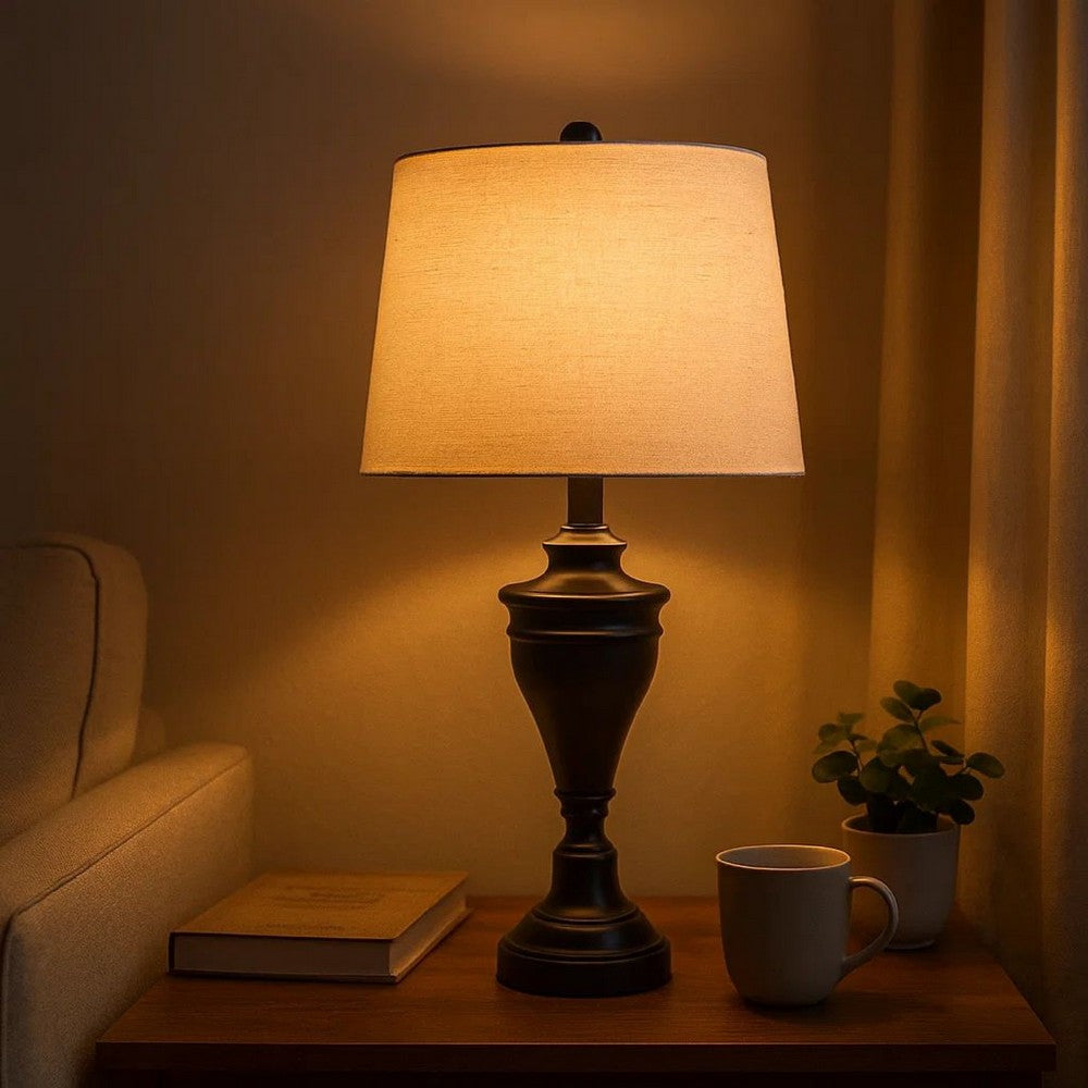Benjara Metal Table Lamp with Turned Pedestal Base, Set of 2, Bronze