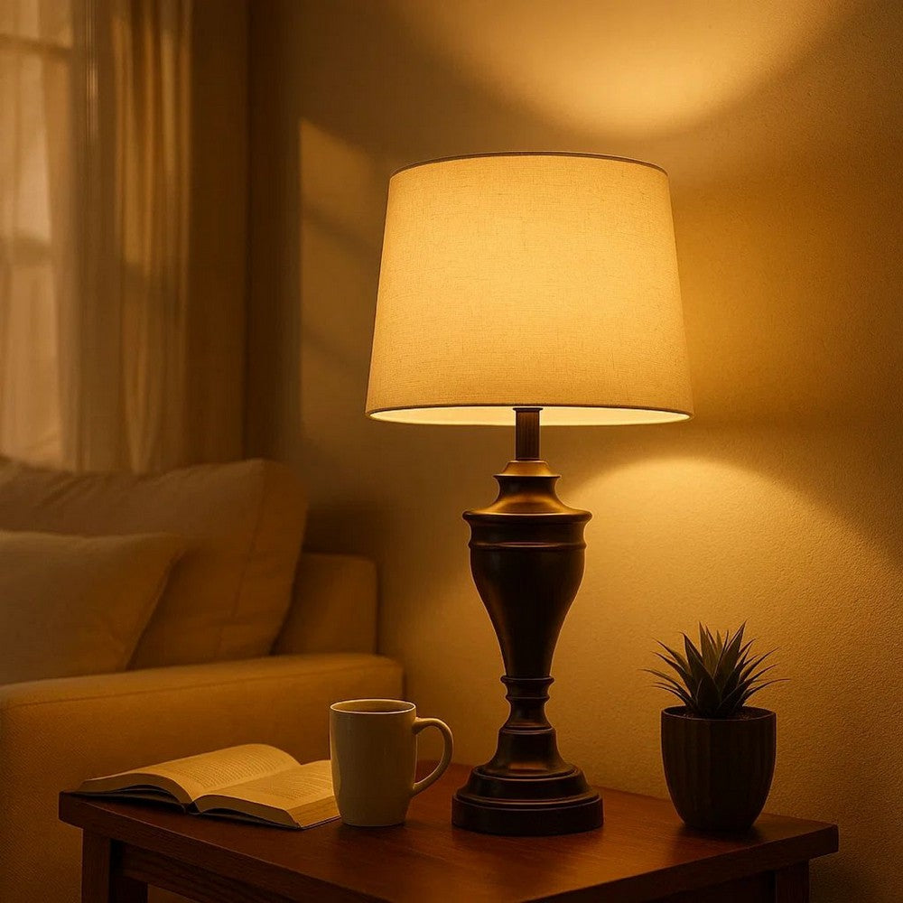 Benjara Metal Table Lamp with Turned Pedestal Base, Set of 2, Bronze