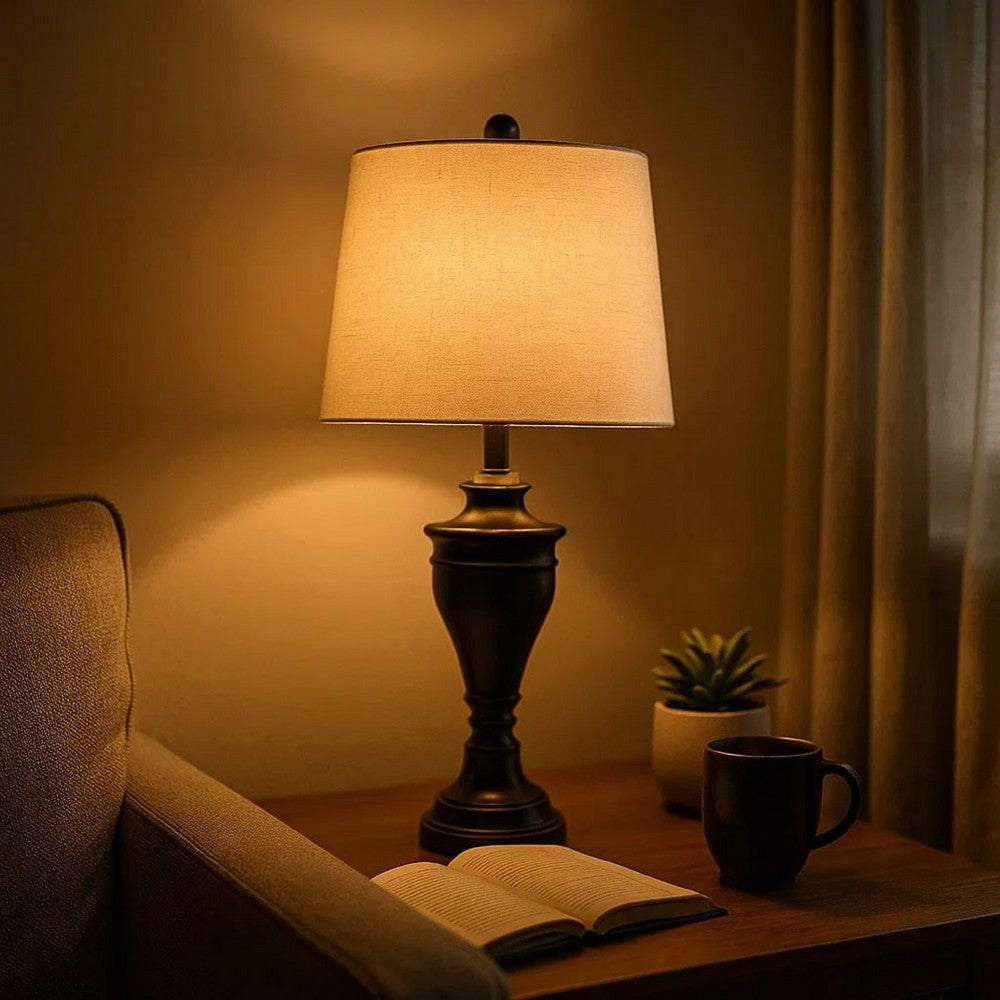 Benjara Metal Table Lamp with Turned Pedestal Base, Set of 2, Bronze