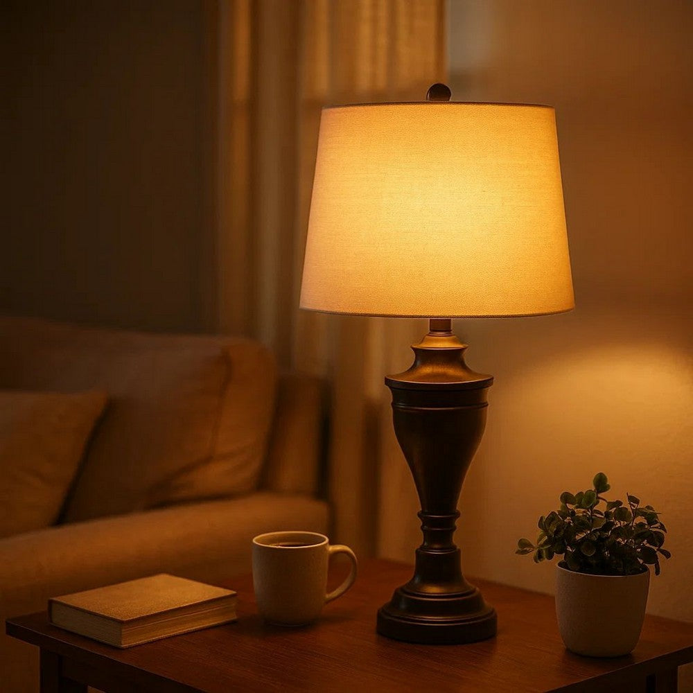 Benjara Metal Table Lamp with Turned Pedestal Base, Set of 2, Bronze