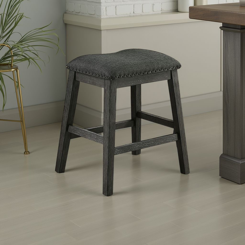 Benjara Fabric Saddle Counter Stool with Nailhead Trim, Set of 2, Gray