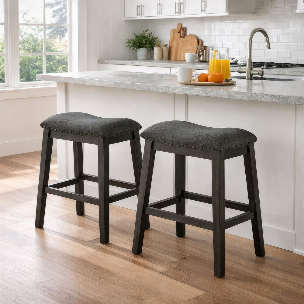 Benjara Fabric Saddle Counter Stool with Nailhead Trim, Set of 2, Gray